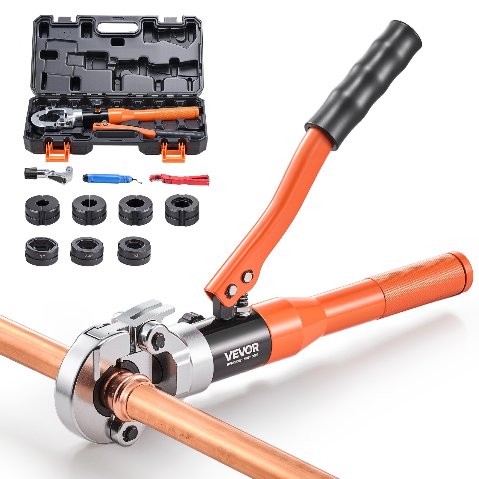 VEVOR Copper Pipe Crimping Tool Hydraulic Driven Pro Press Tool with 1/2in 3/4in 1in Jaws for Copper Tube and 3/8in 1/2in 5/8in 3/4in 1in Jaws for ASTM F1807 PEX Pipe Copper Ring - with Carrying Case