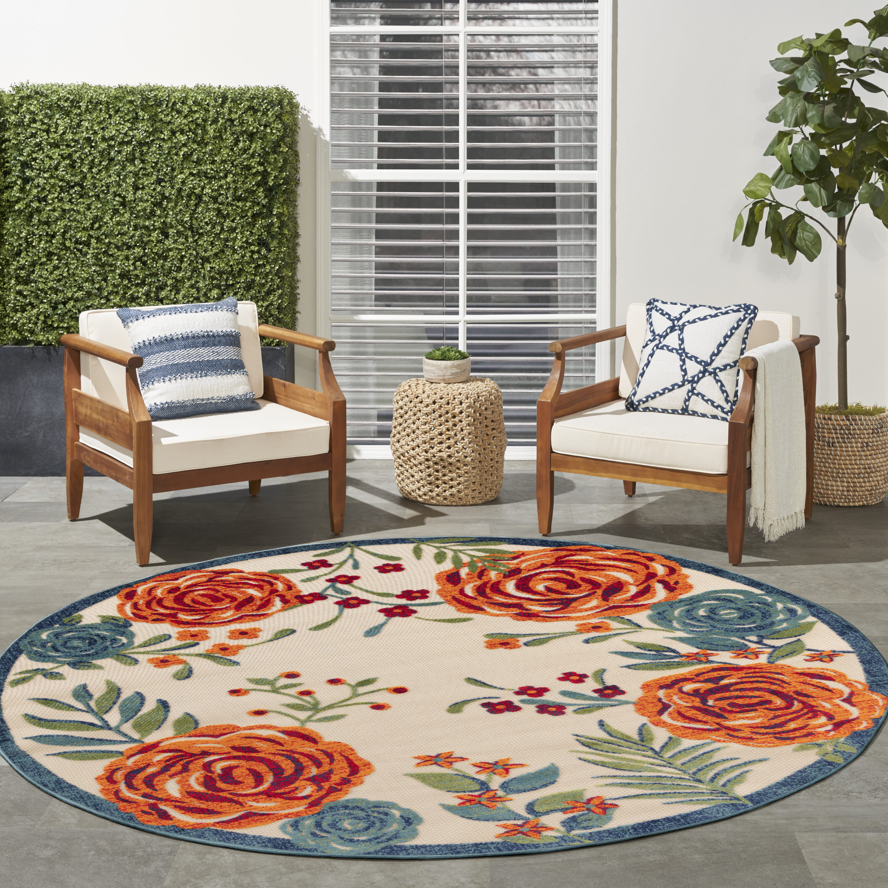Nourison Home 099446952592 8 x 8 (ft) Loomed Polypropylene Ivory Multicolor Round Indoor/Outdoor Floral/Botanical Farmhouse/Cottage Area rug