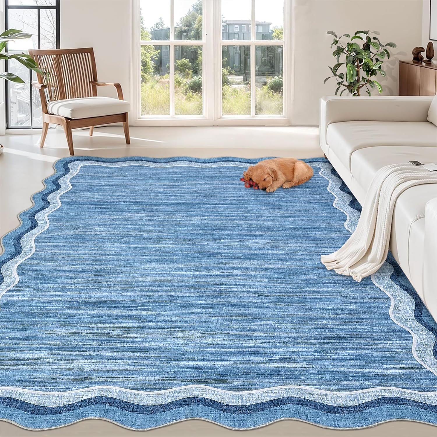IdealHouse Scalloped Washable Rug 9x12 Area Rugs for Living Room Modern Solid Carpet for Bedroom Abstract Irregular Scalloped Non-Slip Low-Pile Accent Carpet for Farmhouse Dining Room Blue 9x12 #LUCY-Z5342XESDHCV