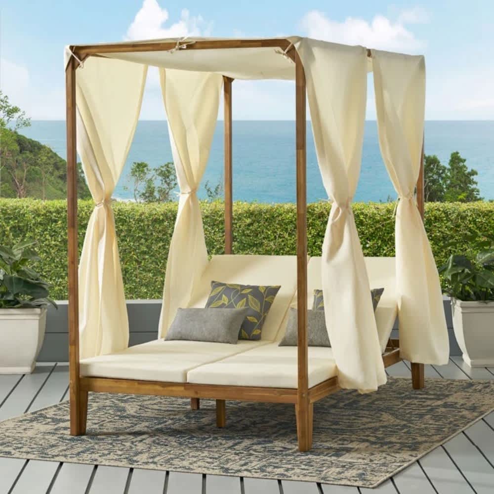 Coolbibila - Adjustable Canopy Outdoor Daybed 79-in x 51-in Acacia Wood Patio Lounger with Curtai...