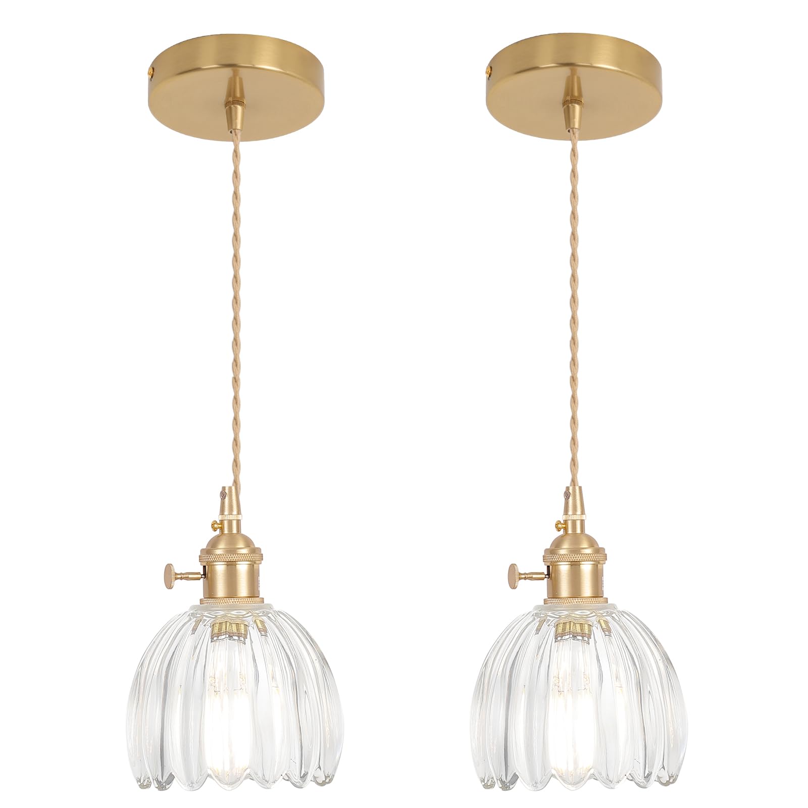 Vrbgify  Mini Pendant Light 2 Pack Adjustable Hanging Light with Clear Tulip Glass Shade Brass Finish Vintage Style for Kitchen Island Dining