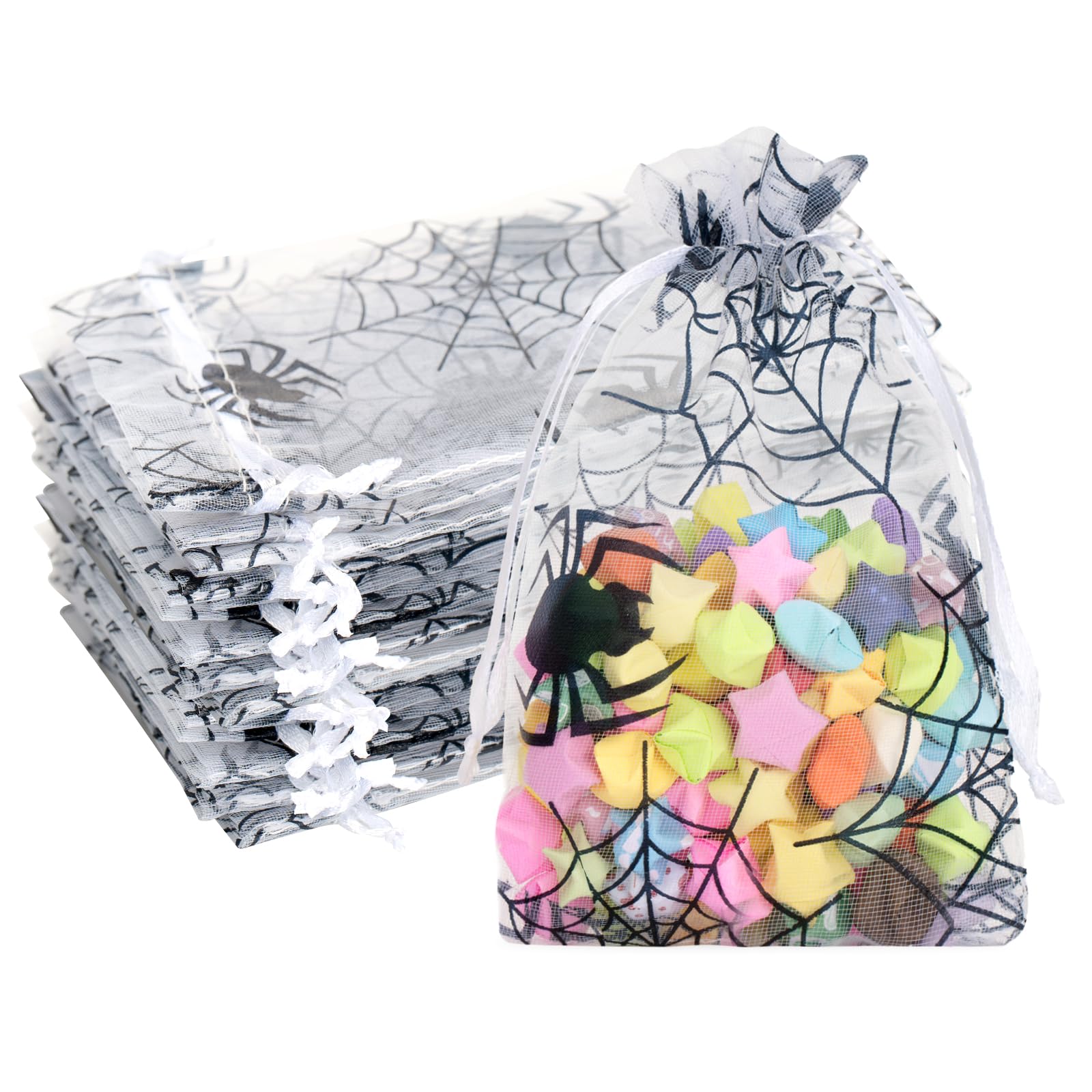 Justincity  Halloween Organza Drawstring Bags 50PCS White Sheer Mesh Pouches Four by Six Inches with Spiderweb Design for Party Favors