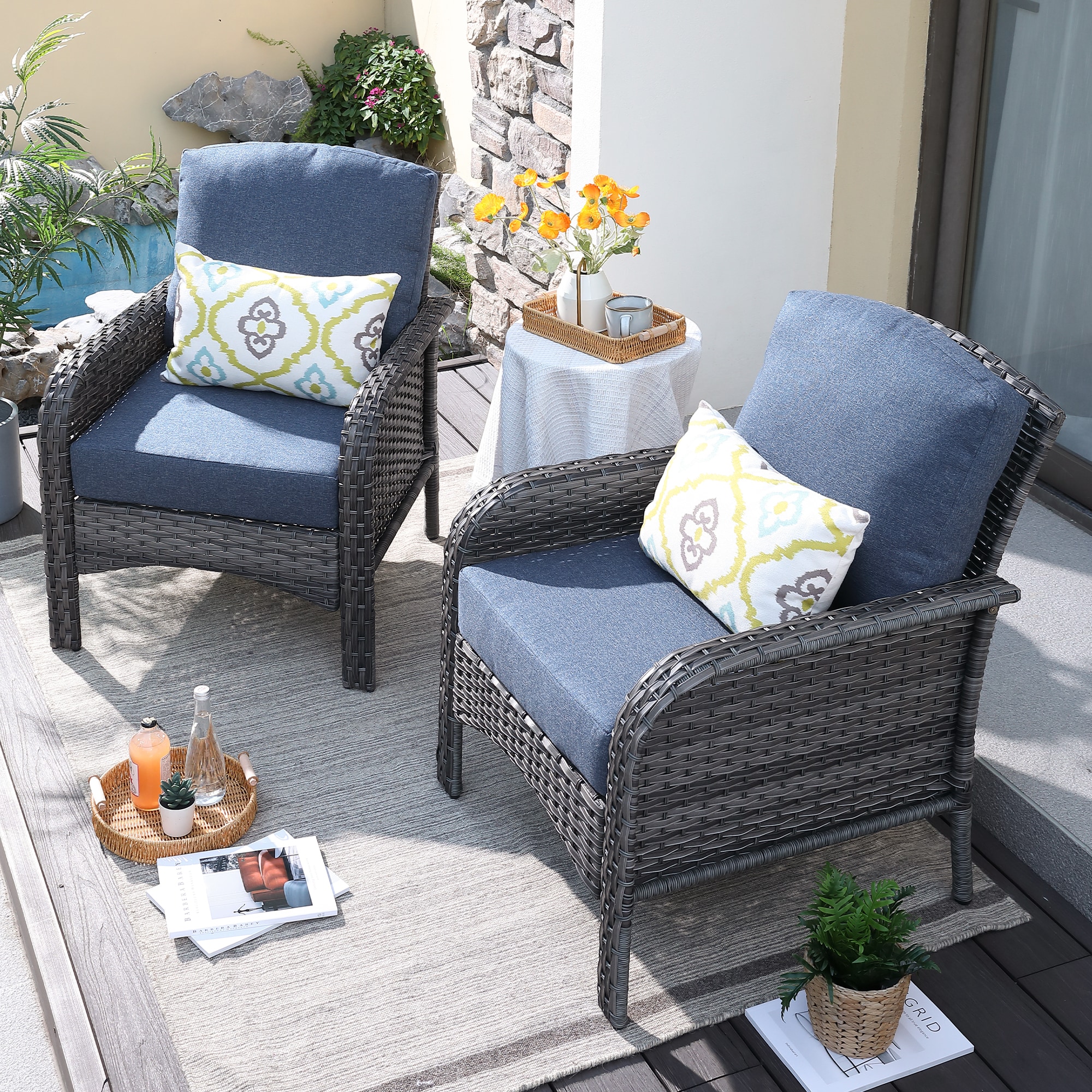 weaxty HMBGNDS300Z2 Initial Set of 2 Wicker Black Steel Frame Stationary Conversation Chair with Blue Cushioned Seat