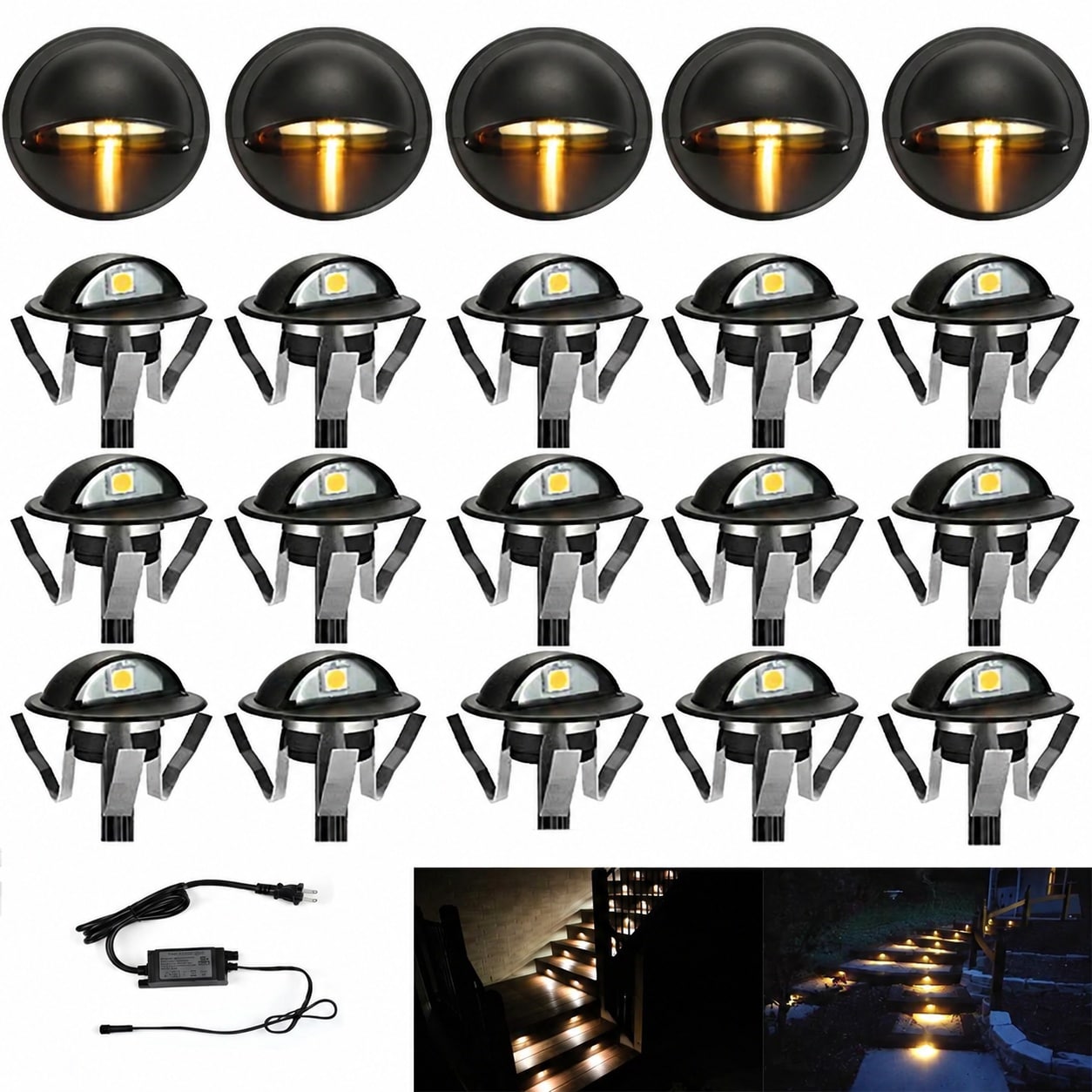 Adrinfly  Pack of 20 Warm White Low Voltage LED Deck Lights Kit Outdoor Recessed Step Stair Pathway Lighting Waterproof Black Half Moon Design