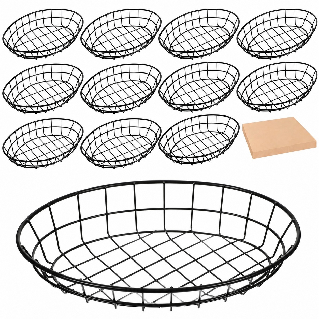 Aoibox  12 Pack Black Wire Oval Bread Baskets with 50 Deli Papers 9 5x6 2x2 in Metal Serving Trays for Rolls