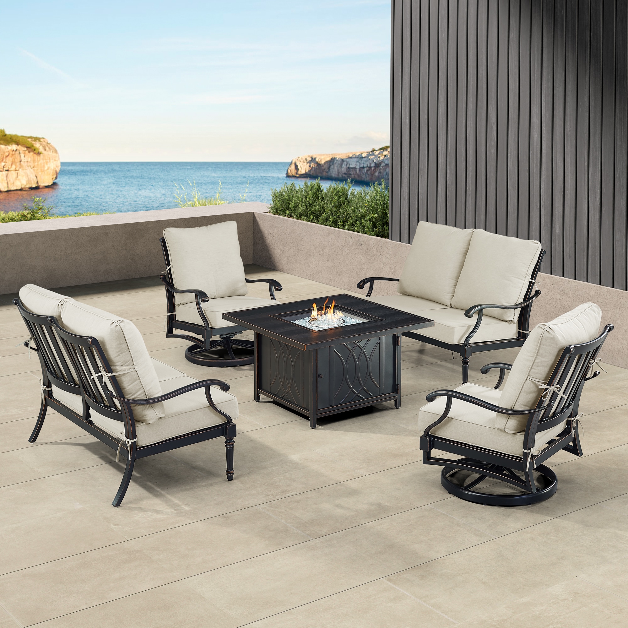 Oakland Living SHACO2LS2CHCAVELGCU Fire Pit Table Set, Two Loveseats, Two Lounge Chairs and Wind Guard 18 -Piece Patio Conversation Set with Gray Cushions