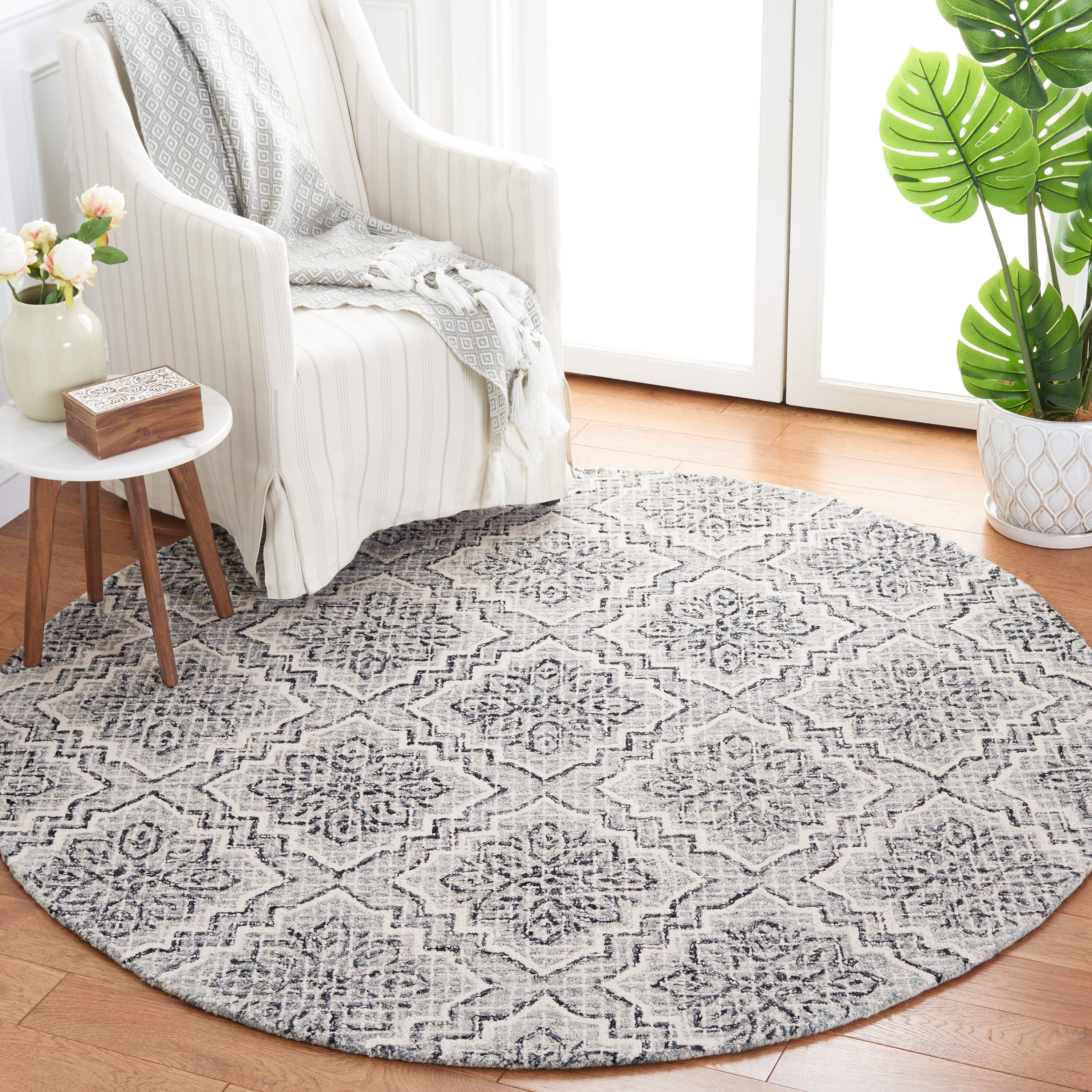  Abstract 201 Dark Blue/Gray Traditional 6ft x 6ft Round Rug