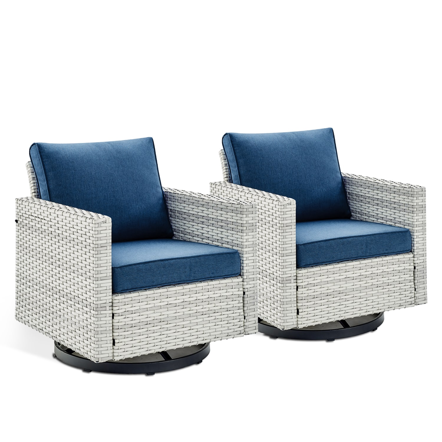 Rilyson FS084-1 U-Feet Set of 2 Wicker Light Beige Steel Frame Swivel glider Rocking Chair with Navy Navy blue Cushioned Seat