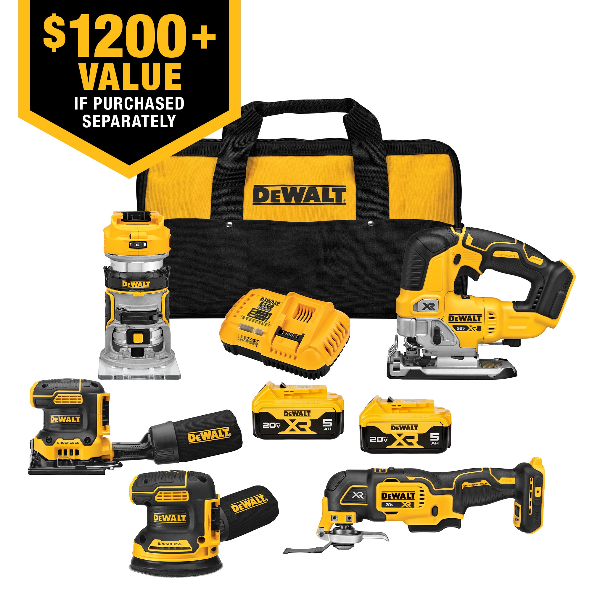 Duplikering indstudering Korrespondance DEWALT 20V MAX XR 5 Tool Combo Kit (with Two 5-AH Batteries, Charger,  Storage Bag) in the Power Tool Combo Kits department at Lowes.com