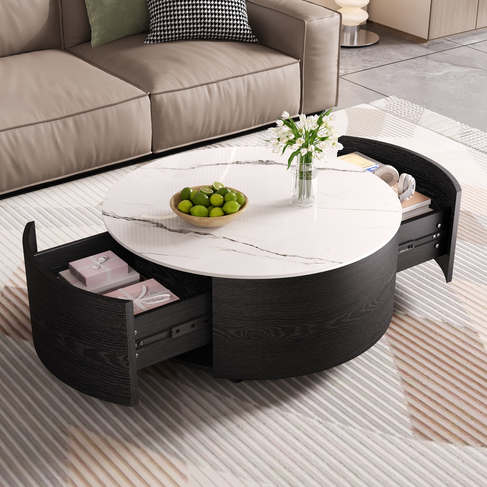 ModernLuxe L3P-N735P328523B Modern Round Movable Coffee Table with Casters 2 Drawers Marble Pattern Sintered Stone Top Black 29.5inch