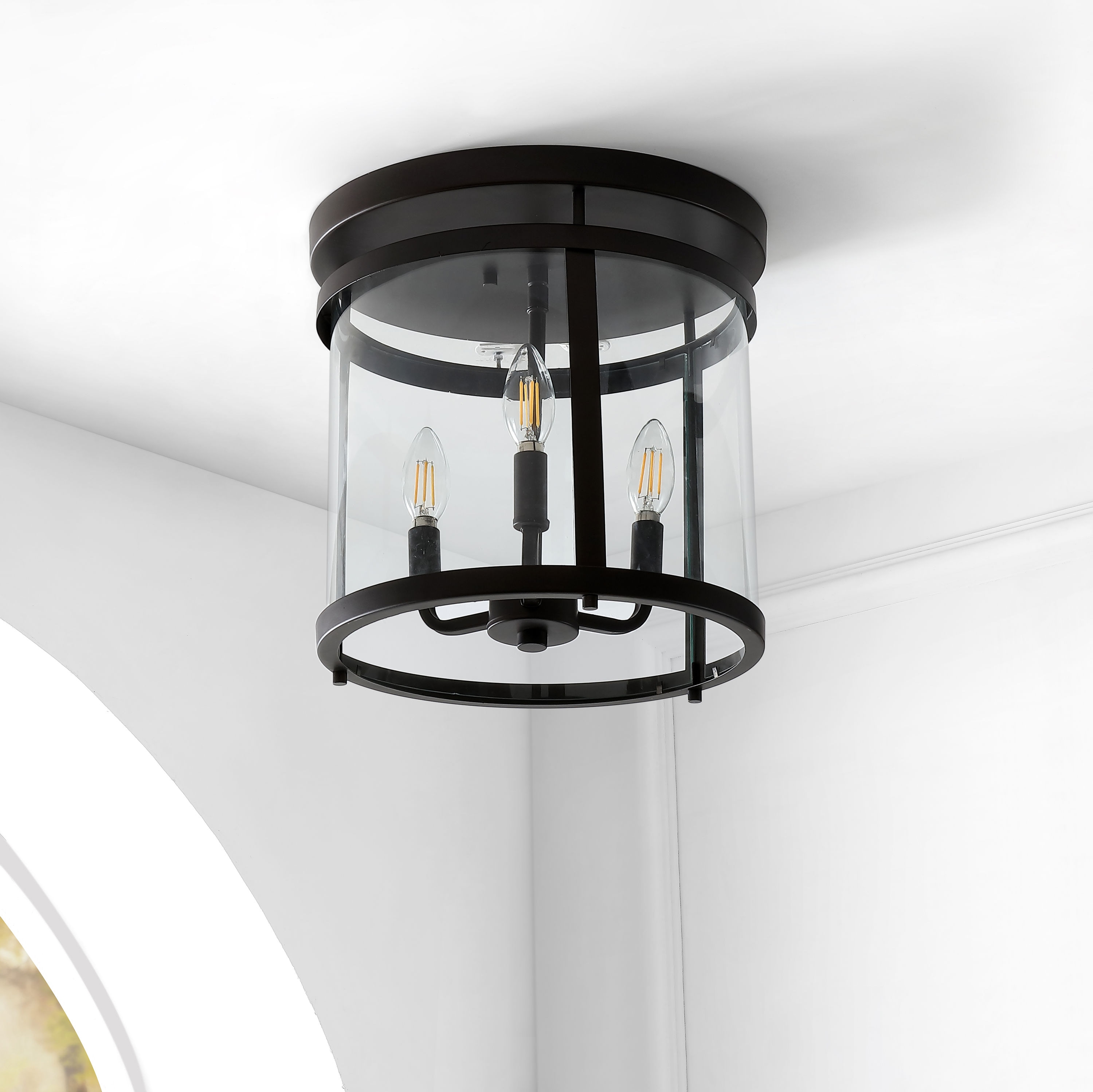 Ciel Simple Farmhouse 12.5" 3-Light Black Iron Glass Flush Mount