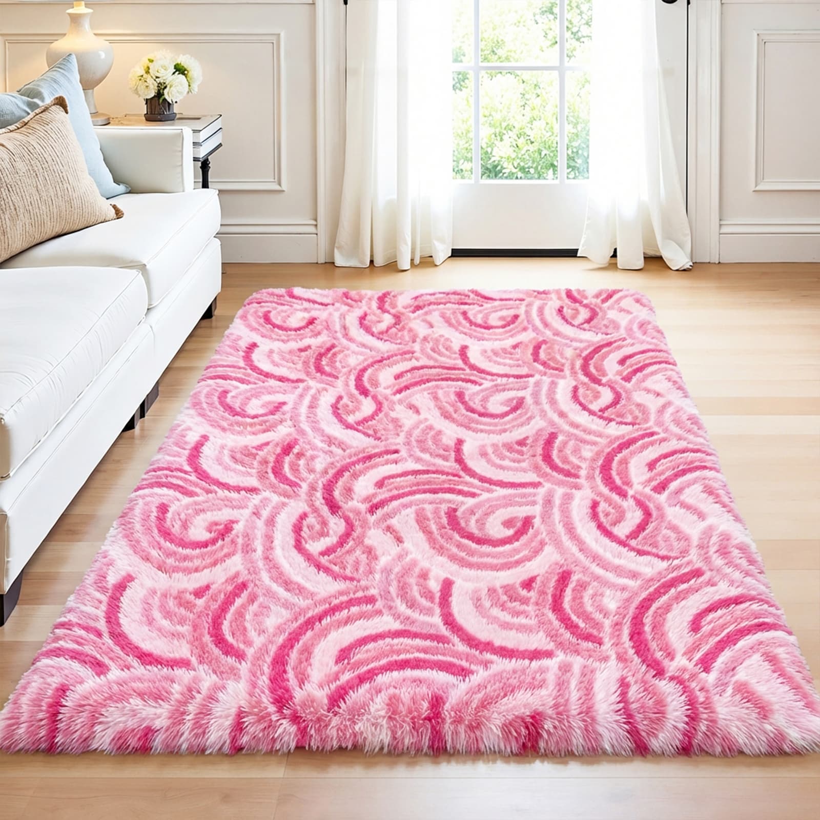 HEBE Fluffy Pink Indoor Area Rug with Gradient Stripes