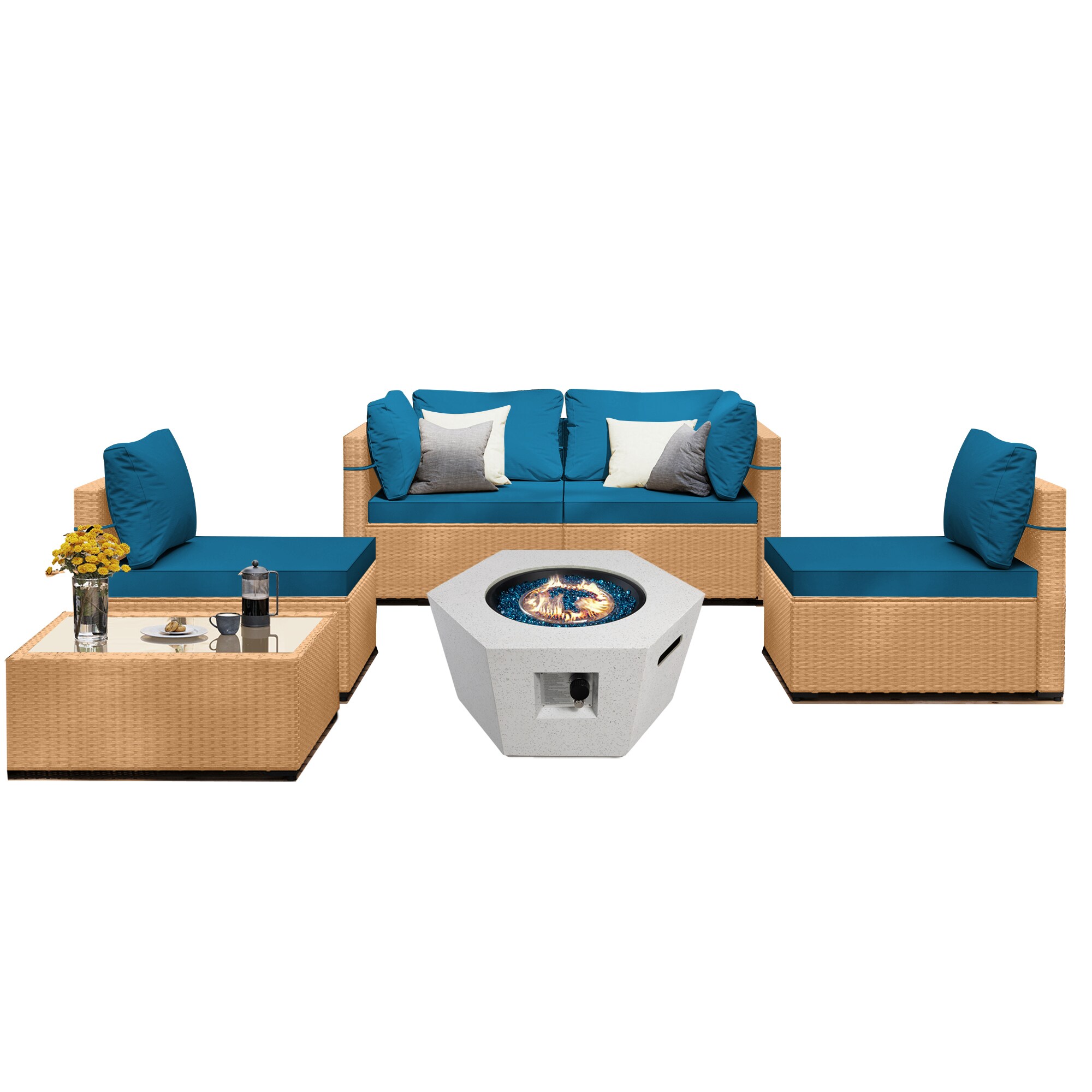 UPHA TBBE-AB28SMB-DLBLUE 6 -Piece Wicker Patio Conversation Set with Blue Cushions