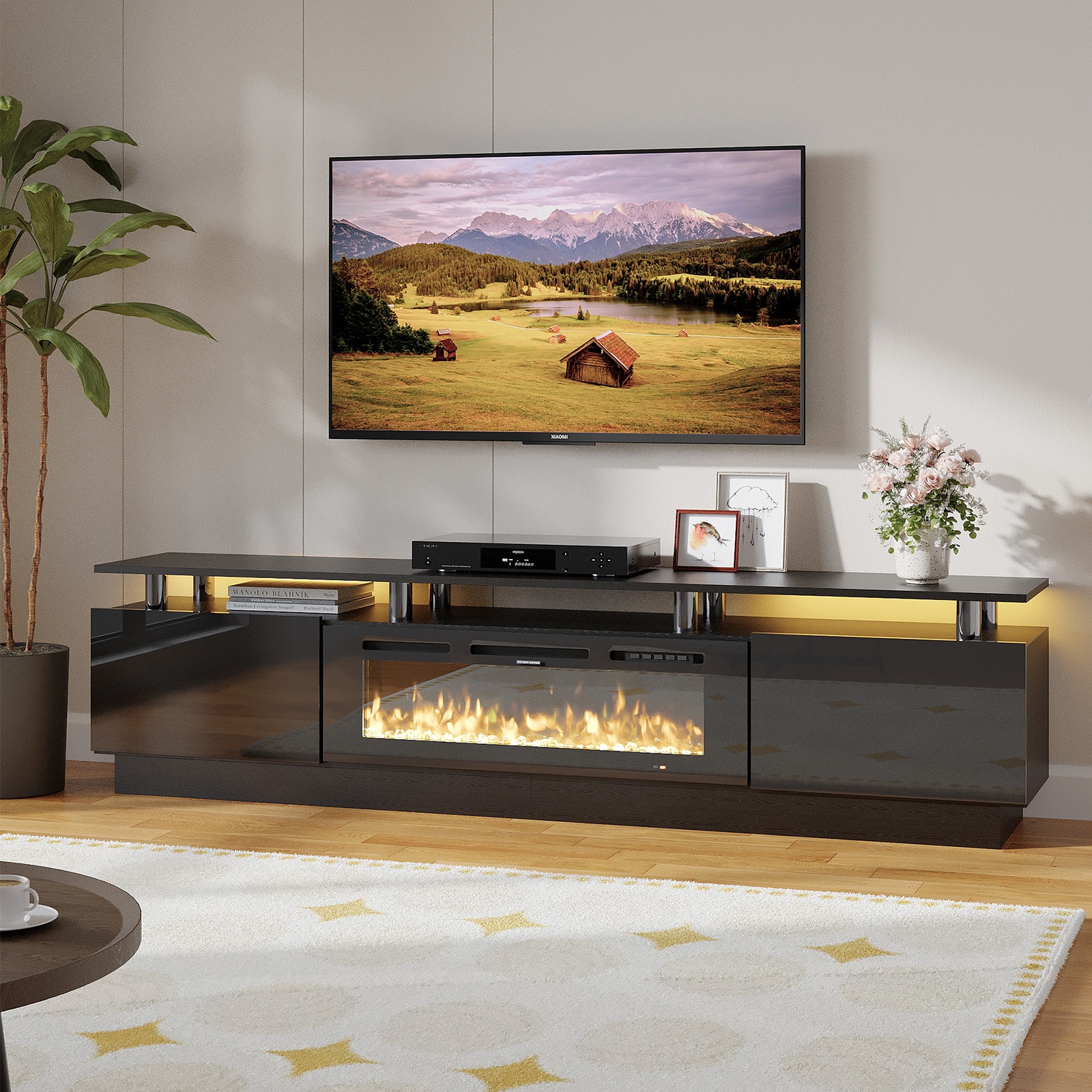 Bapipro TE25A1480B 80-in W White TV Stand with Infrared quartz Flat wall Electric Fireplace with Remote Control Included