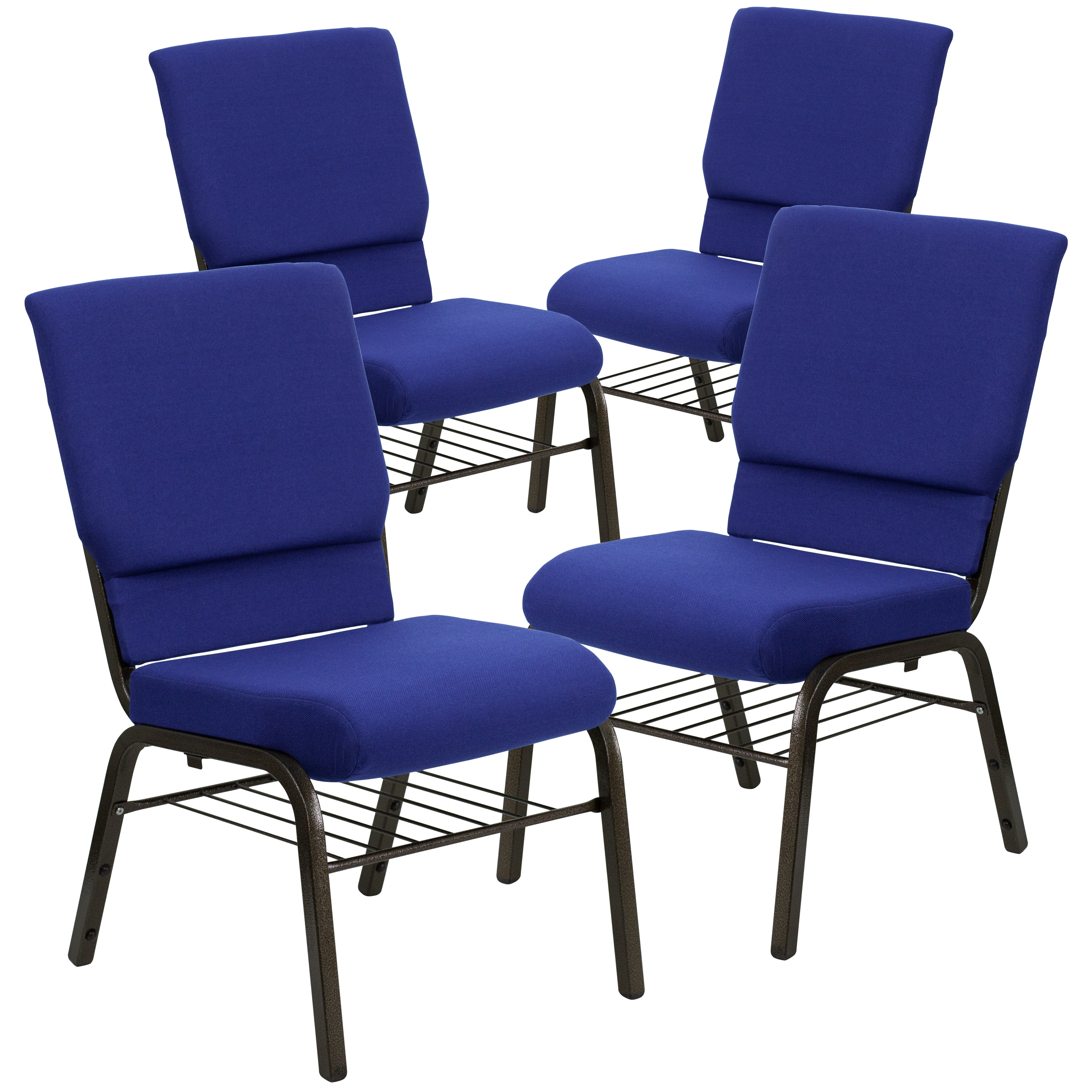 Flash Furniture 812581013108 4 Pack HERCULES Series 18.5-in W Church Chair in Navy Blue Fabric with Book Rack - Gold Vein Frame