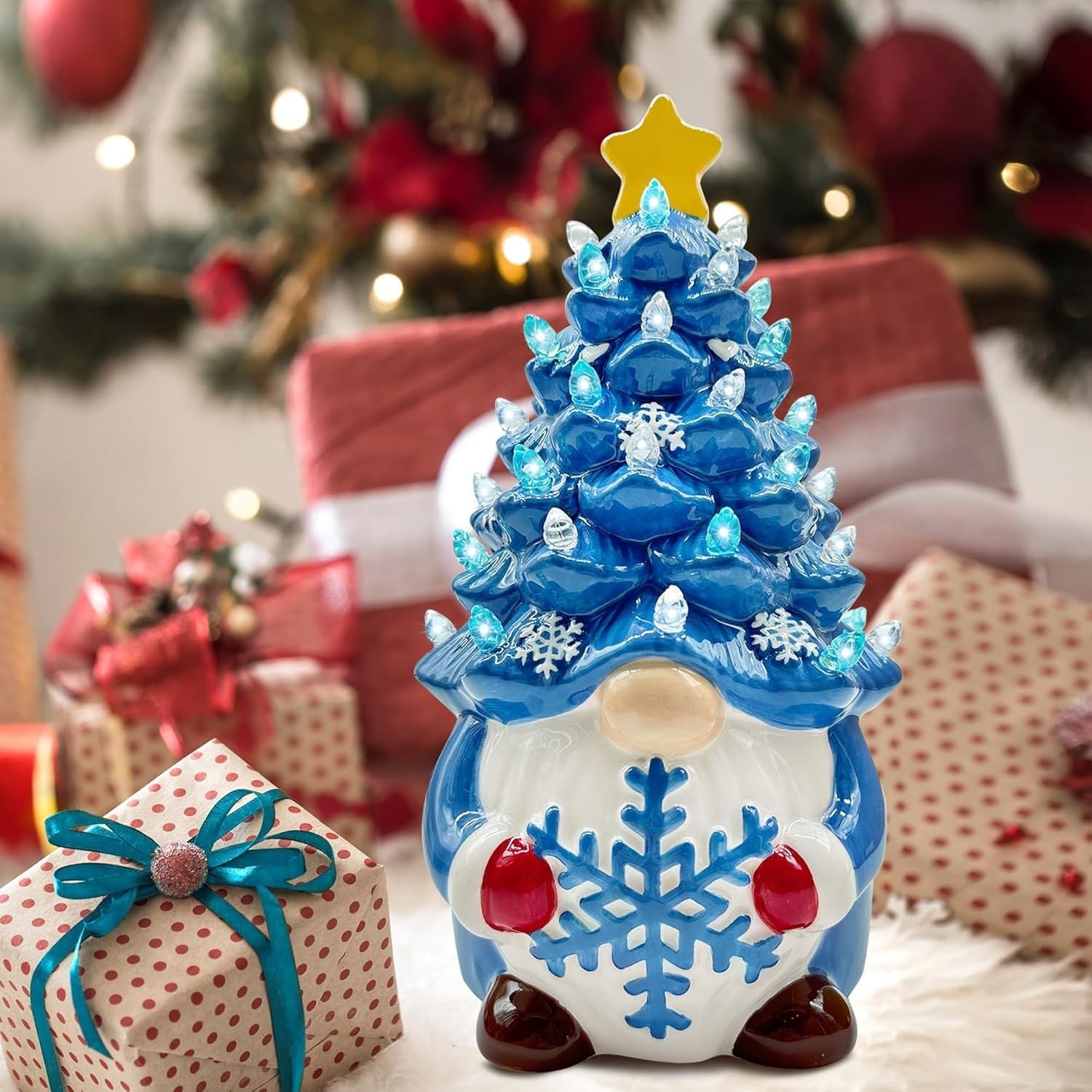 OBERSTER Christmas Gnome Christmas Tree 8In Mini Ceramic Lighted Christmas Tree Small Mini Prelit Xmas Holiday Decor for Tabletop Home Room Table Fireplace Office