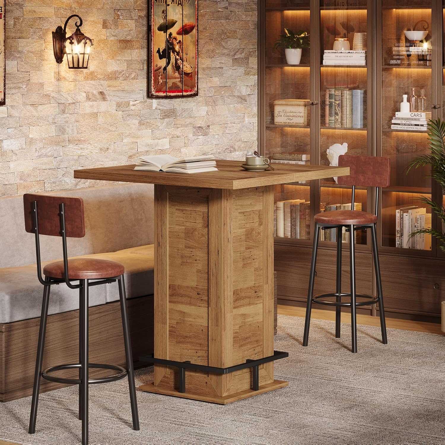 Tribesigns Home Bar Table 39.4 H x 31.1 W Rustic Brown Square High Top ...