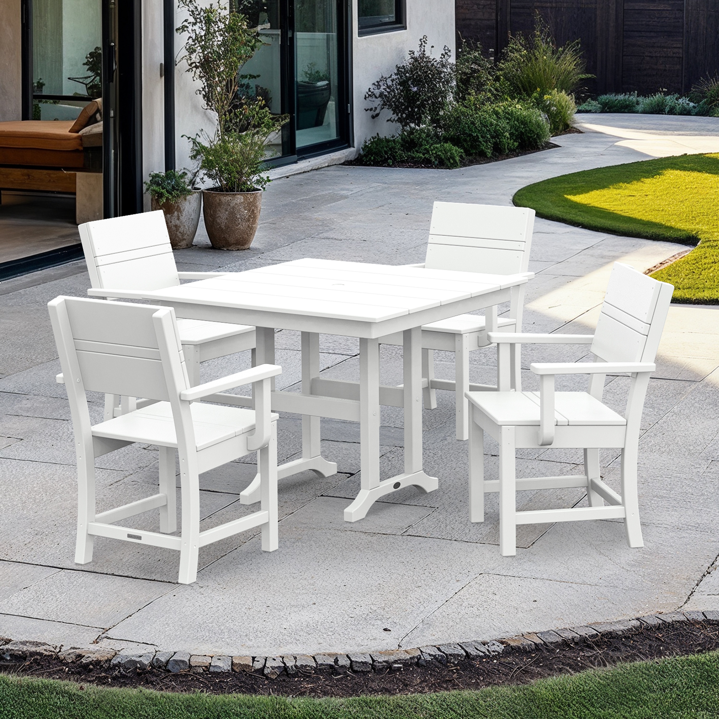 Origin 21 by POLYWOOD PWS2732-1-WH Irving 5 -Piece White Patio Dining Set Plastic Square Table with 4 Stationary Chairs