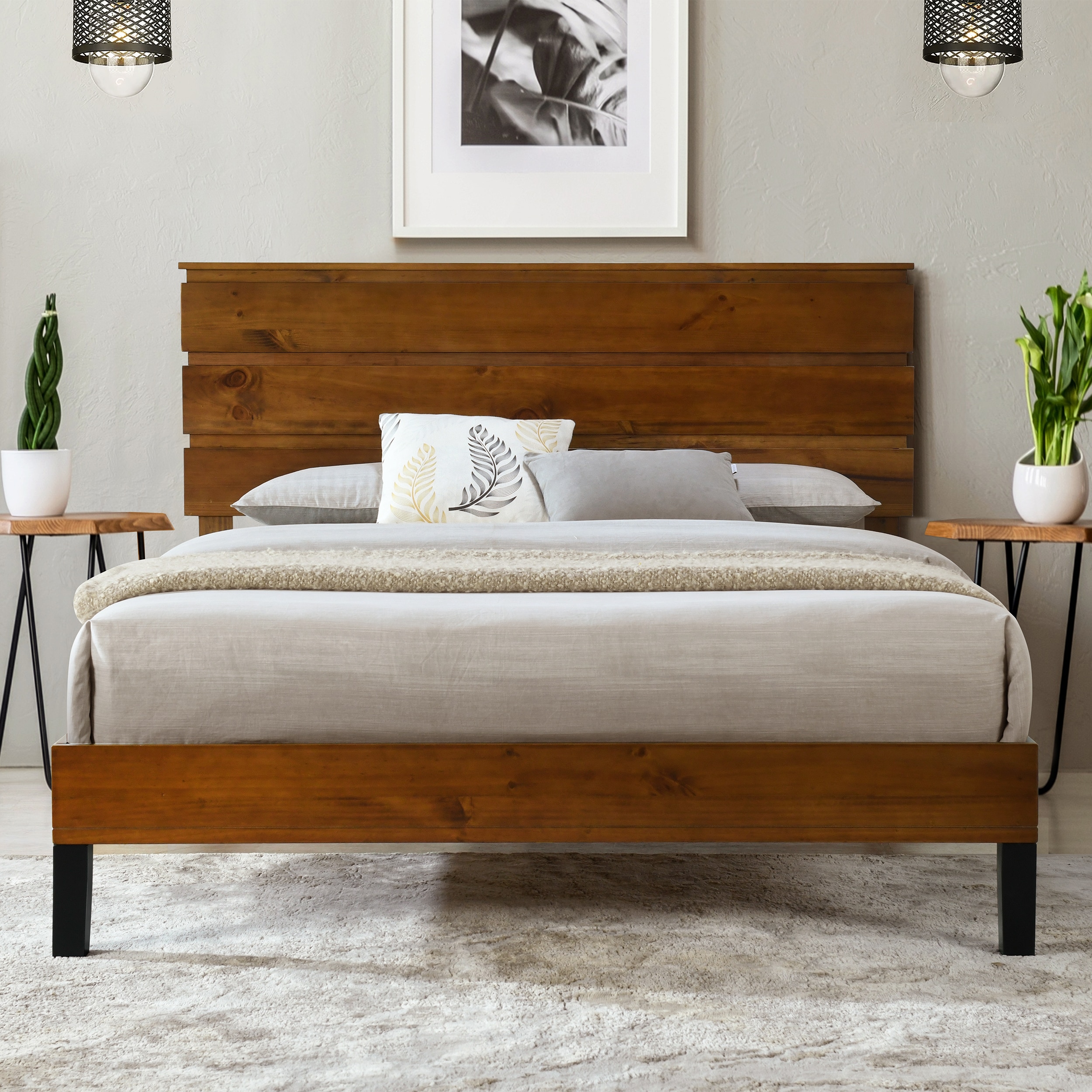 ModernLuxe WF531004AAD MidCentury Modern Solid Wood Bed Frame King Size Platform Bed with ThreePiece Headboard DesignNo Box Spring NeededBrown