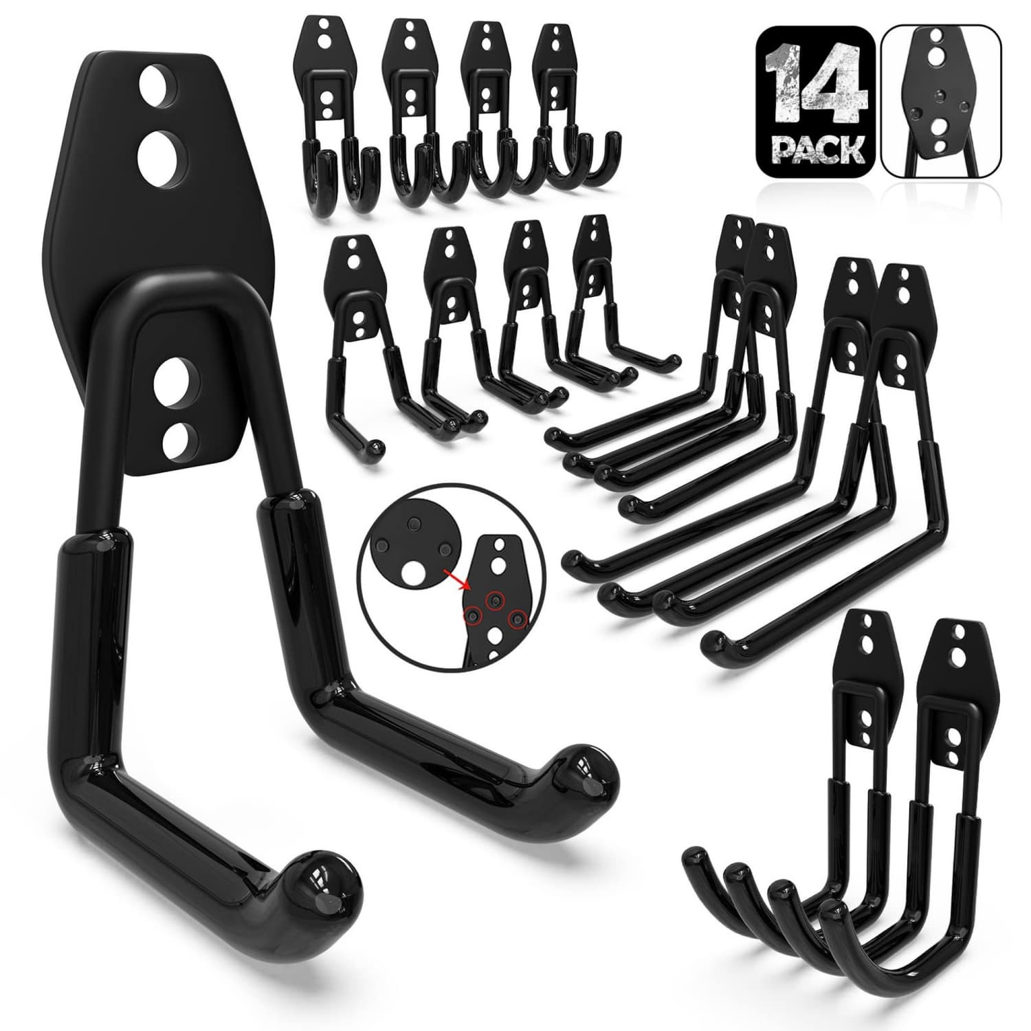 OGETFUUR 14 Pcs Garage Hooks Heavy Duty Three-point Weld Anti-slip Coating Steel Black for Tools Ladders