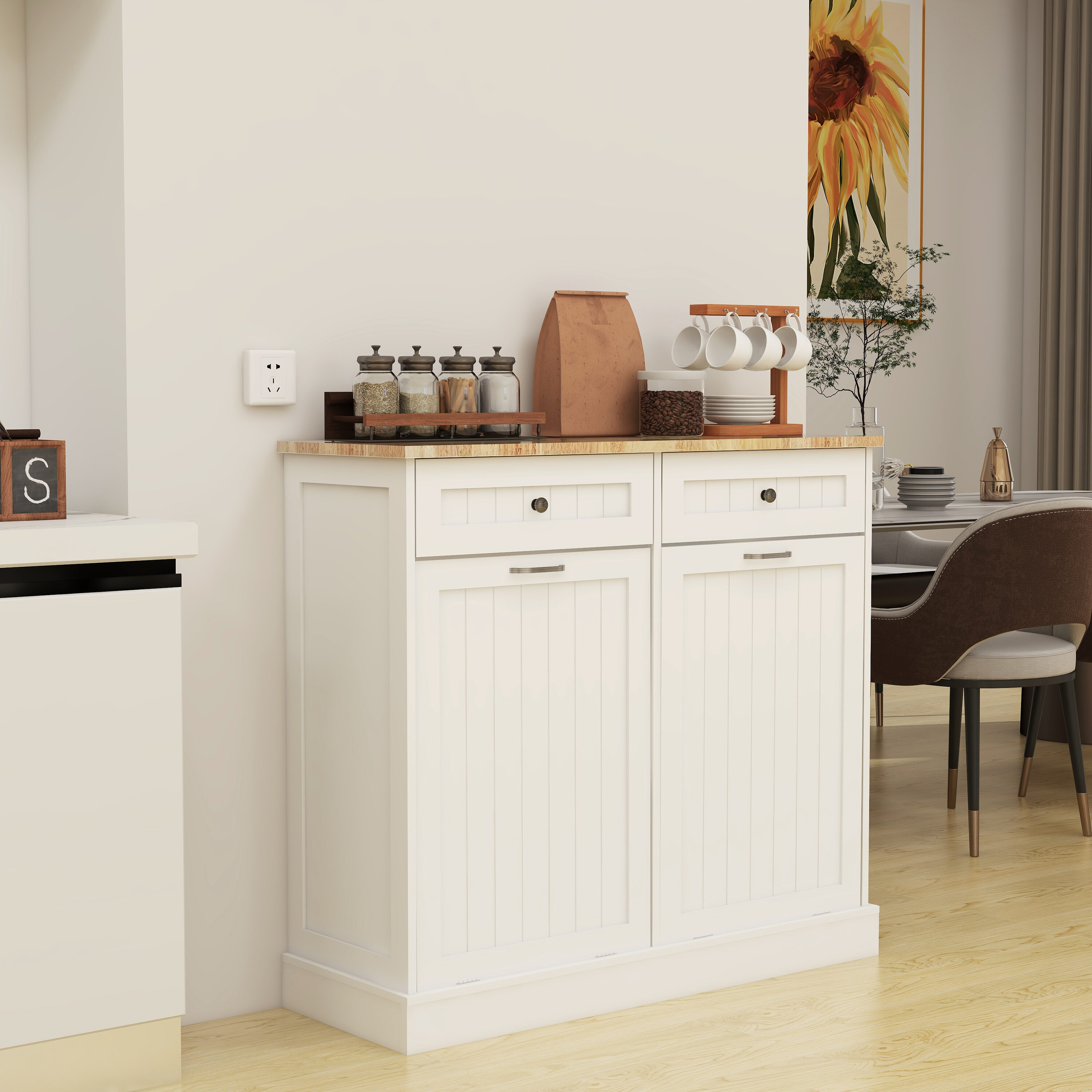 LOVMOR SF-M-W282P160454 Two Drawers and TwoCompartment TiltOut Trash Cabinet Kitchen Trash CabinetWhite