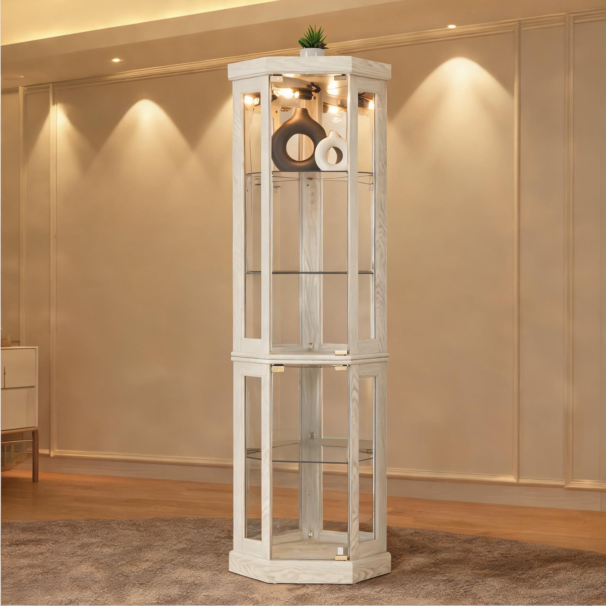 SUNCREAT White-Toned MDF and Glass Corner Curio Cabinet Lighted Display for Antiques Wine Bar Storage Antique Style