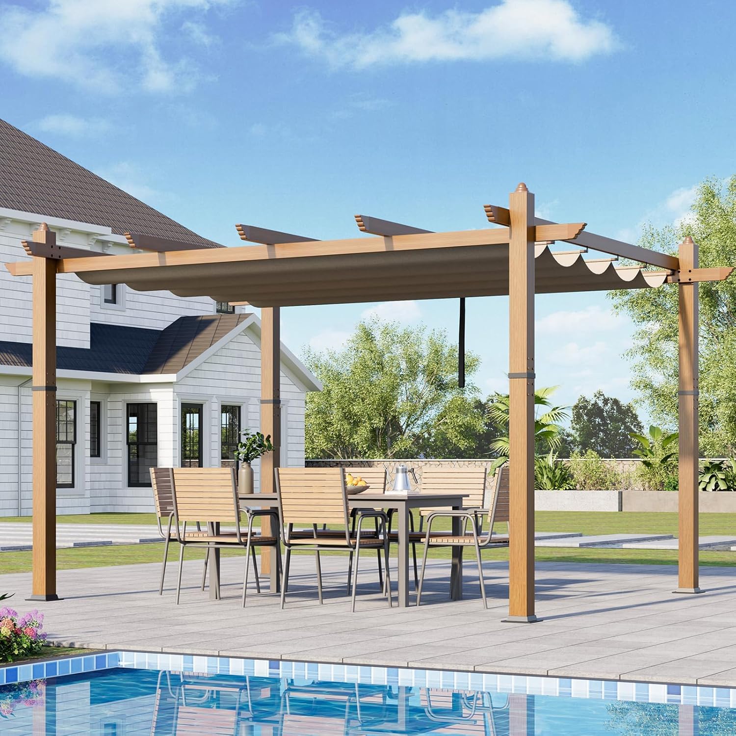Qeetex A-PHO-335E6VC3 10x10 Foot Outdoor Aluminum Pergola With Retractable Waterproof UPF 50 Plus Canopy Powder Coated Rust Resistant Frame Four Side Anchored Stability Tool Free Assembly Beige Wood grain column khaki curtain