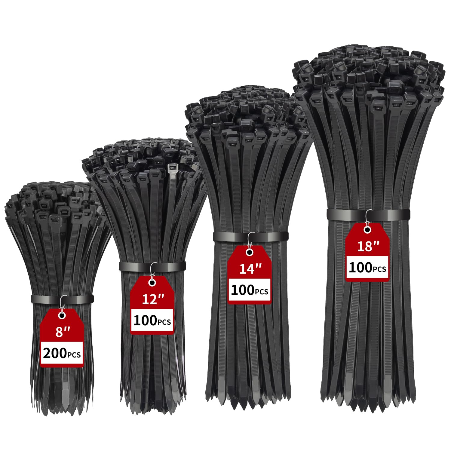 KHKFY  Black Zip Ties Assorted Sizes 500 Pack Heavy Duty Plastic Cable Ties 8 Inch 12 Inch 14 Inch 18 Inch Industrial Strength Cord Management