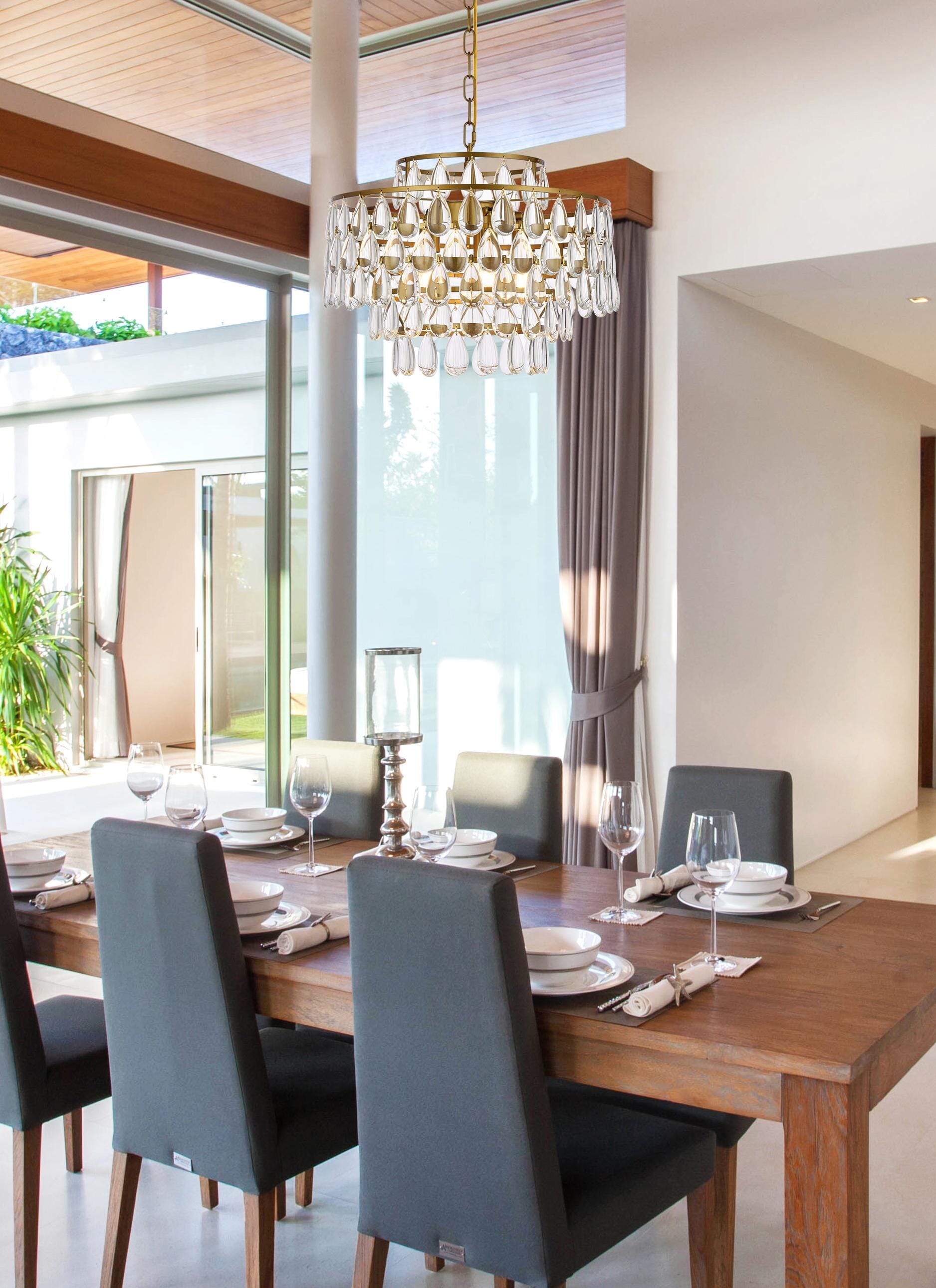 Elegant Brass and Crystal 5-Light Pendant Chandelier