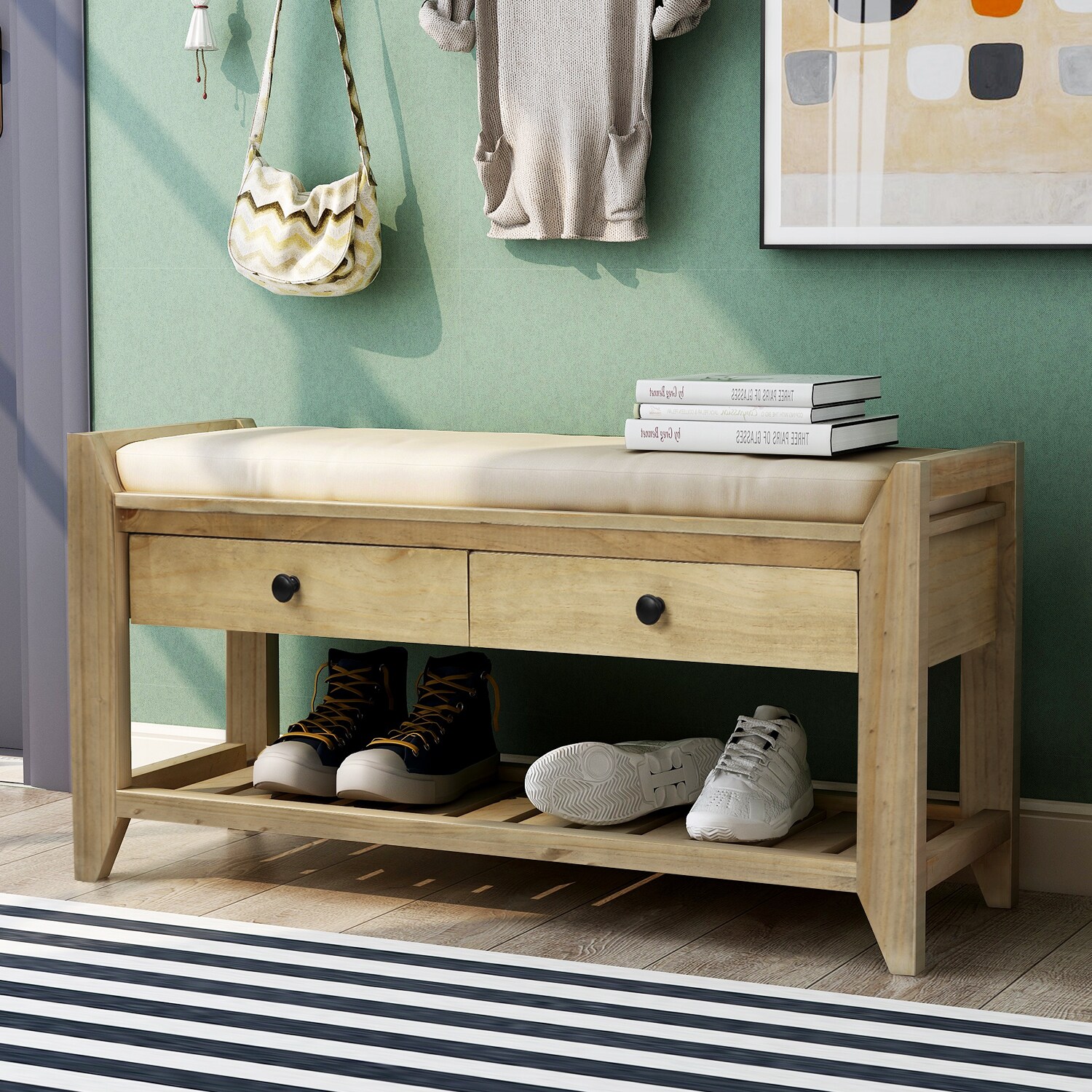 Mondawe OR-W5385M-TR Modern Gray Wash Storage Bench with Storage 35.4-in x 14-in x 19.8-in