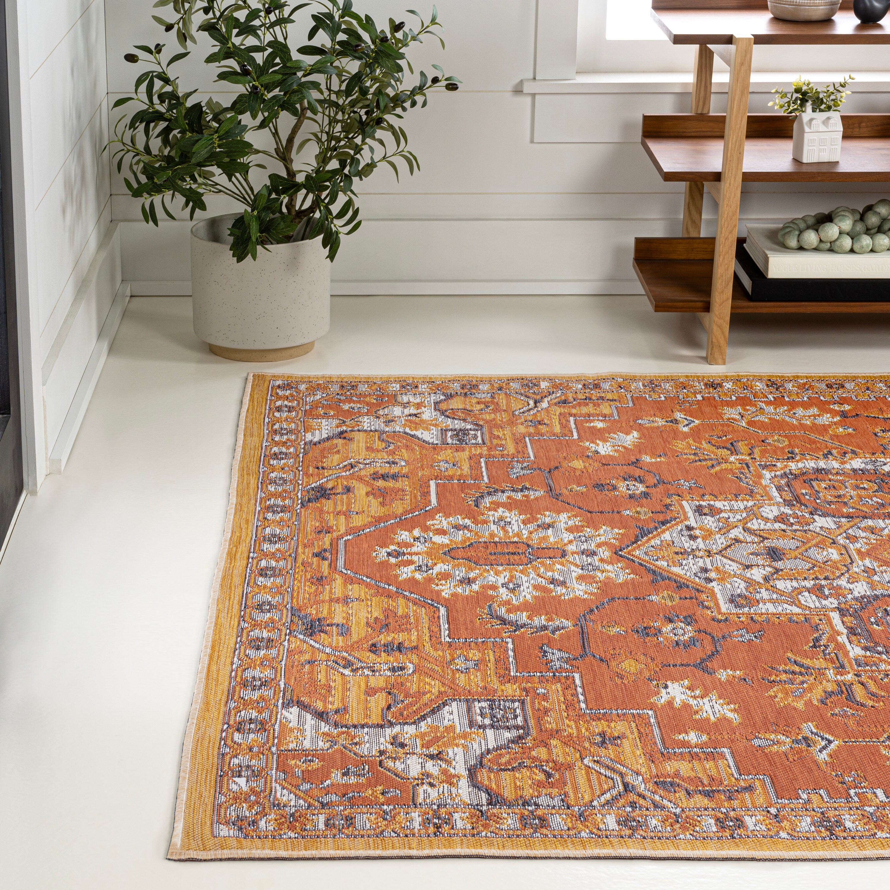 Bijan Terra Blue Cream Medallion Washable Reversible Rug 5x8