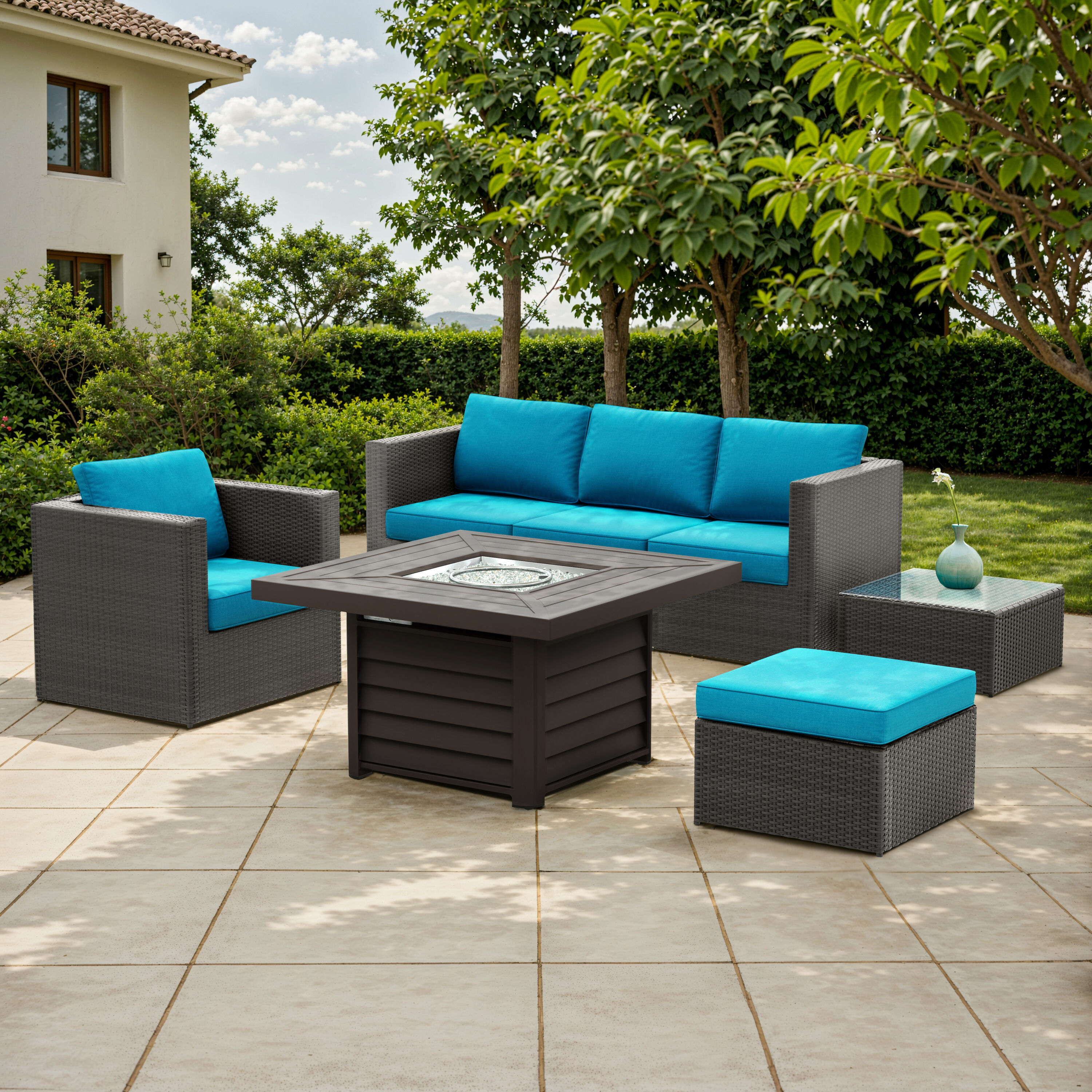 Octans SL2C00226 7 -Piece Wicker Patio Conversation Set with Blue Cushions