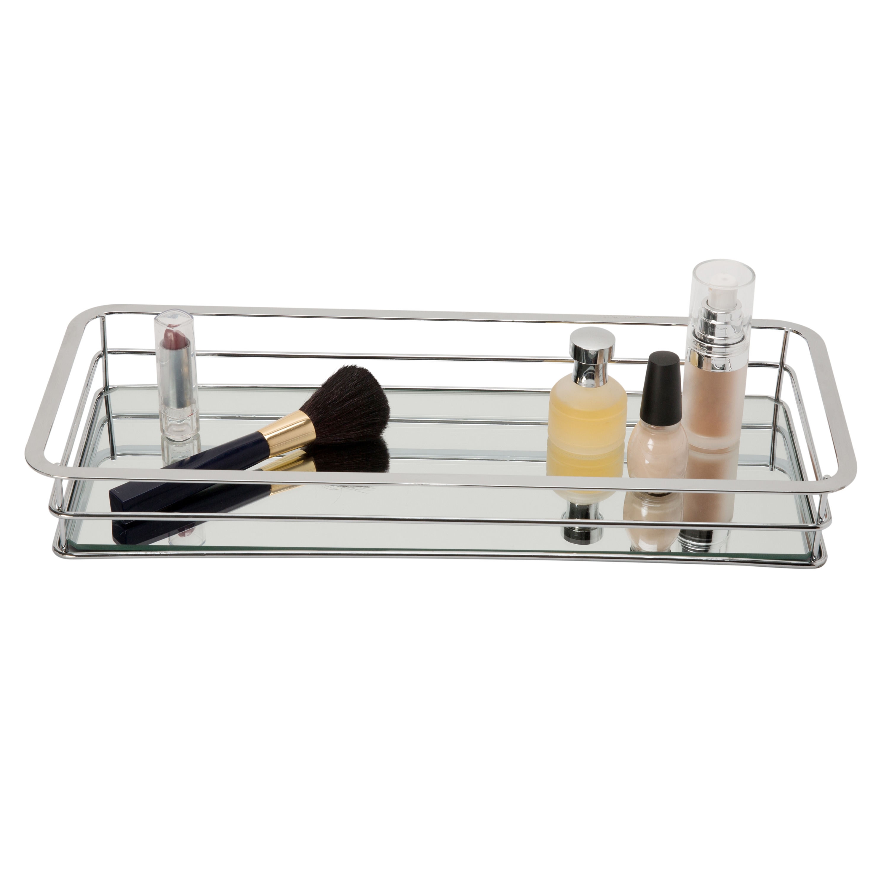 Chrome Finish Rectangular Vanity Tray with Reflective Glass Base