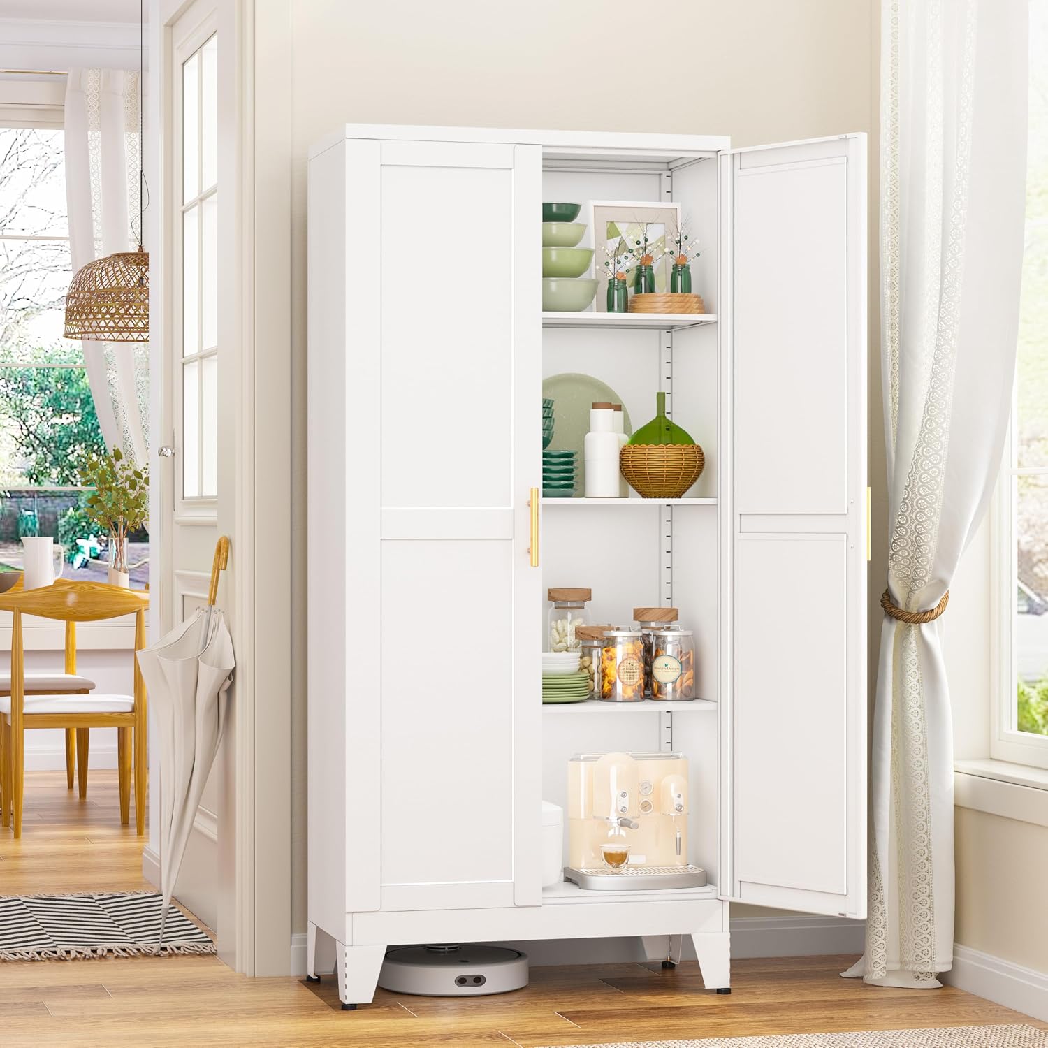 GAIOUS Freestanding Metal Pantry Cabinet with 2 Doors and 3 Adjustable Shelves 4-Tier Steel Storage Cupboard for Kitchen Dining Room Bathroom Living Room in White