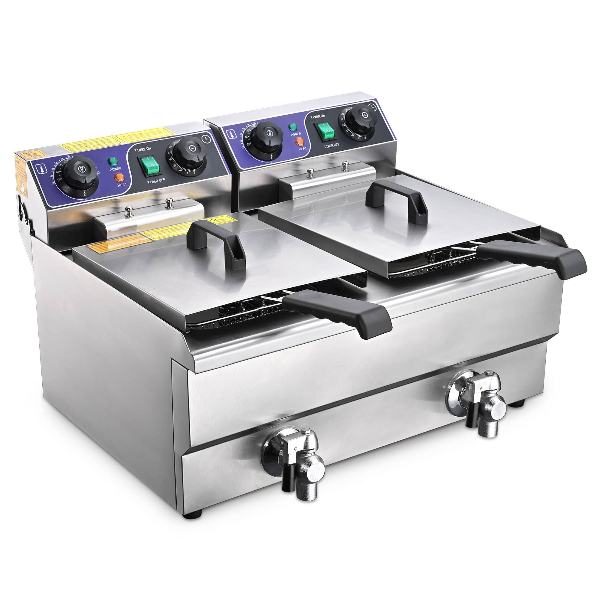 Yescom 26FRY004-20LD-DT-LO WeChef 23.4L Dual Tank Stainless Steel Commercial Electric Deep Fryer with Timer and Drain French Frys