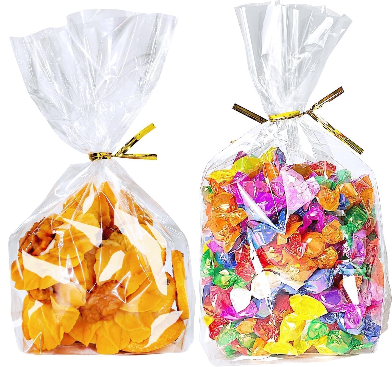 Afoxsos Clear Cellophane Treat Bags 6 x 9 Inch 50 Pack Stand Up Bottom Gold Twist Ties for Cookies Candy Popcorn Party Favor Gift Wrap #L05AF08054