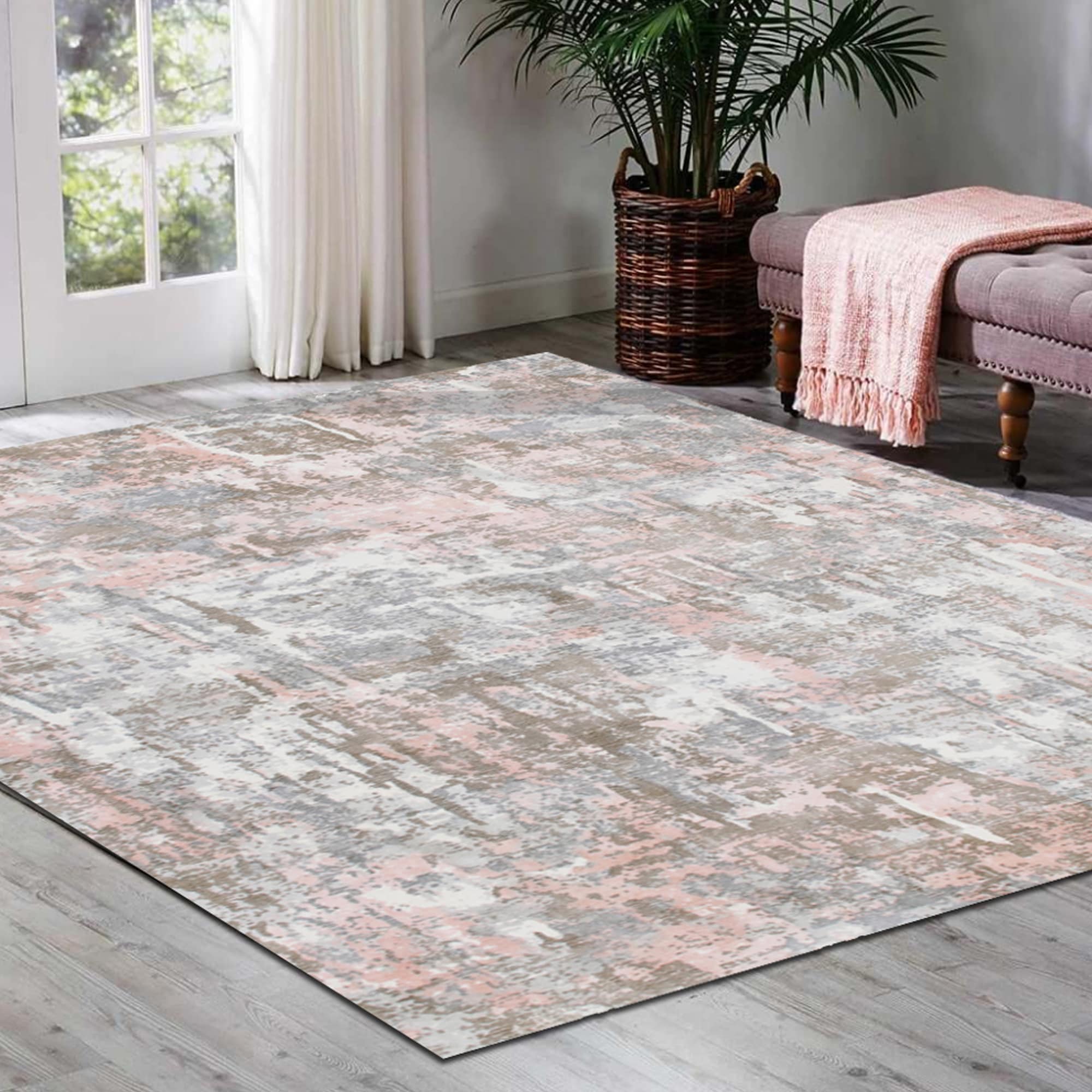 LR Home 0376A0084934J8 9 x 12 (ft) Loomed Rayon Gray/Pink Rectangular Indoor Abstract Farmhouse/Cottage Area rug