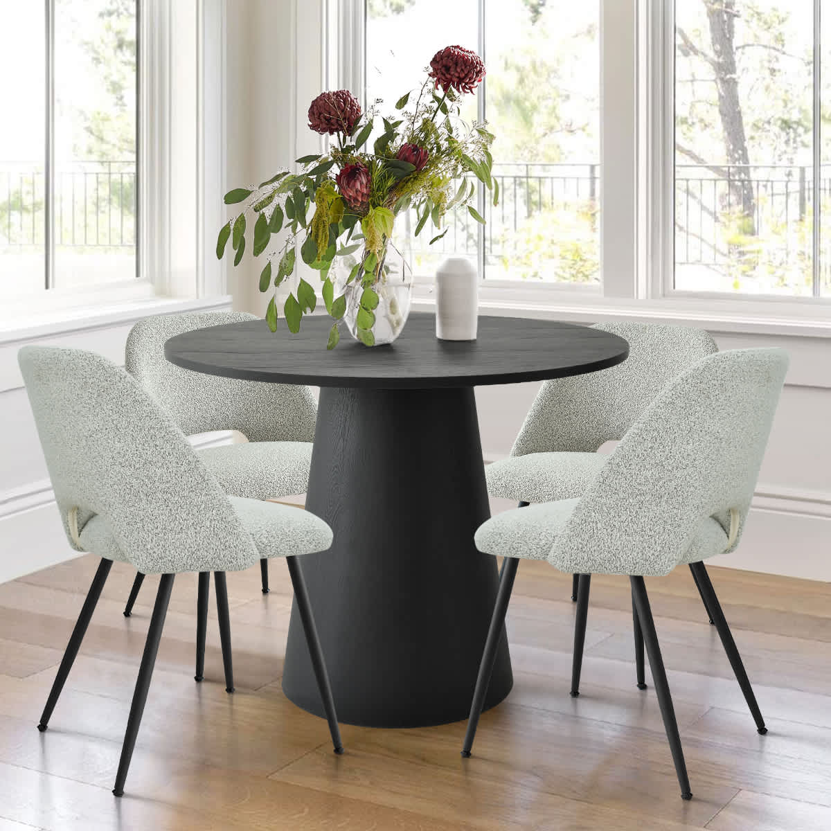 Maison Boucle DWEN-35+EDWIN-GY-4 5 Piece Round Dining Room Sets 35 Inch Pedestal Table with 4 Gray Boucle Upholstered Chairs