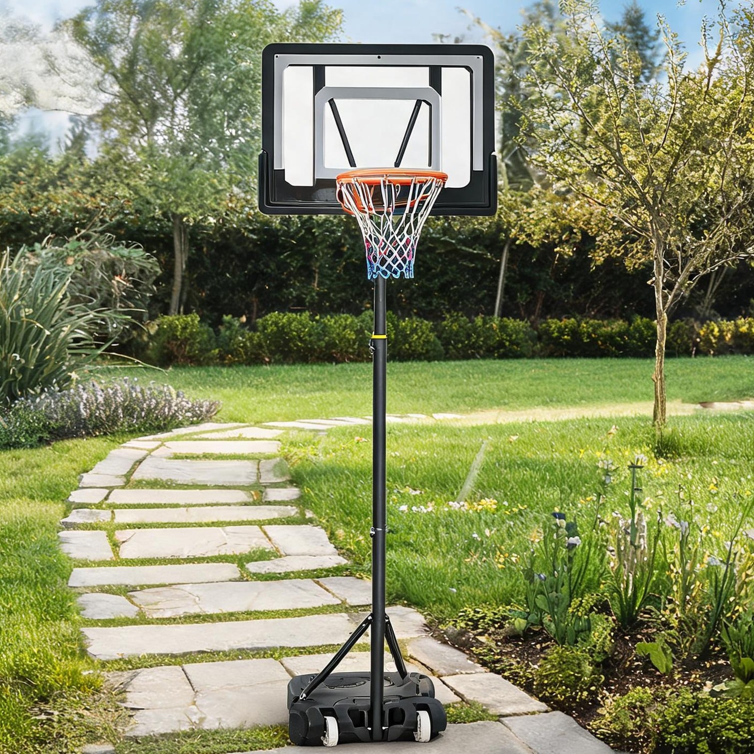 FlowLuxe Black Steel and Pvc Basketball for Outdoor Space with Adjustable Design 33 in