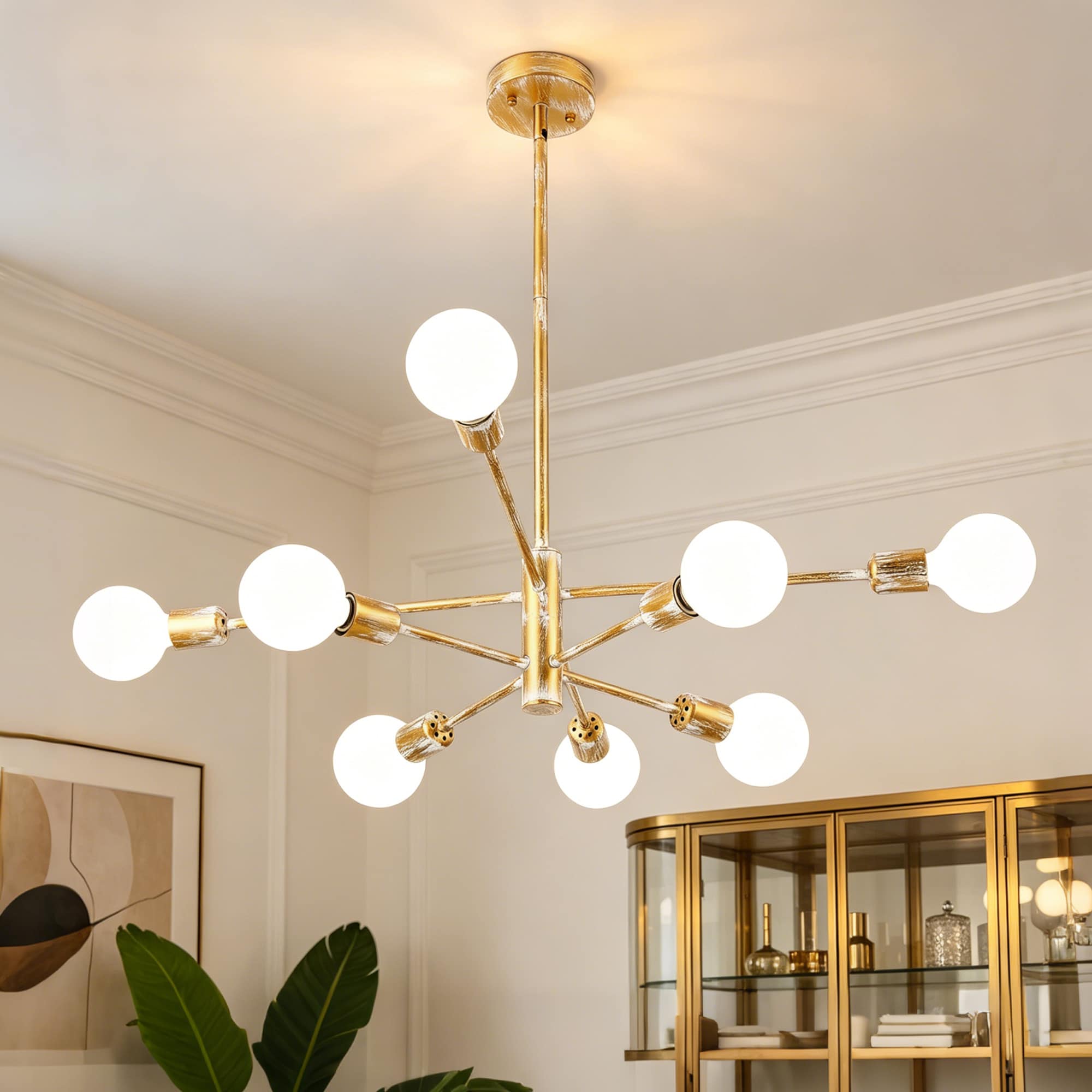 Lanmate  8 -Light White Rubbed Gold Chandelier Modern Sputter Adjustable Height for Living Room Dining Room Foyer Kitchen Island Pendant Light
