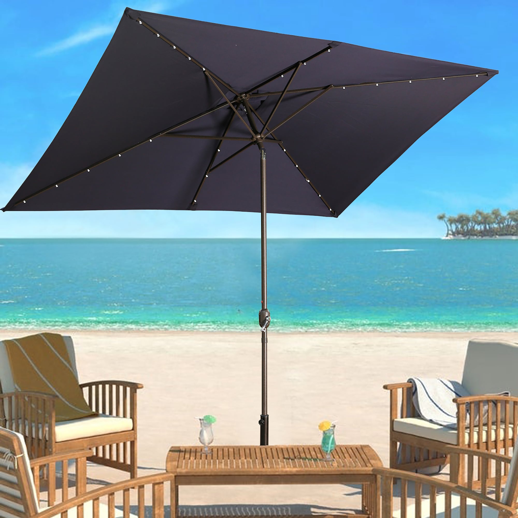 CASAINC 10-ft Navy Blue Solar Powered Crank Market Patio Umbrella in ...