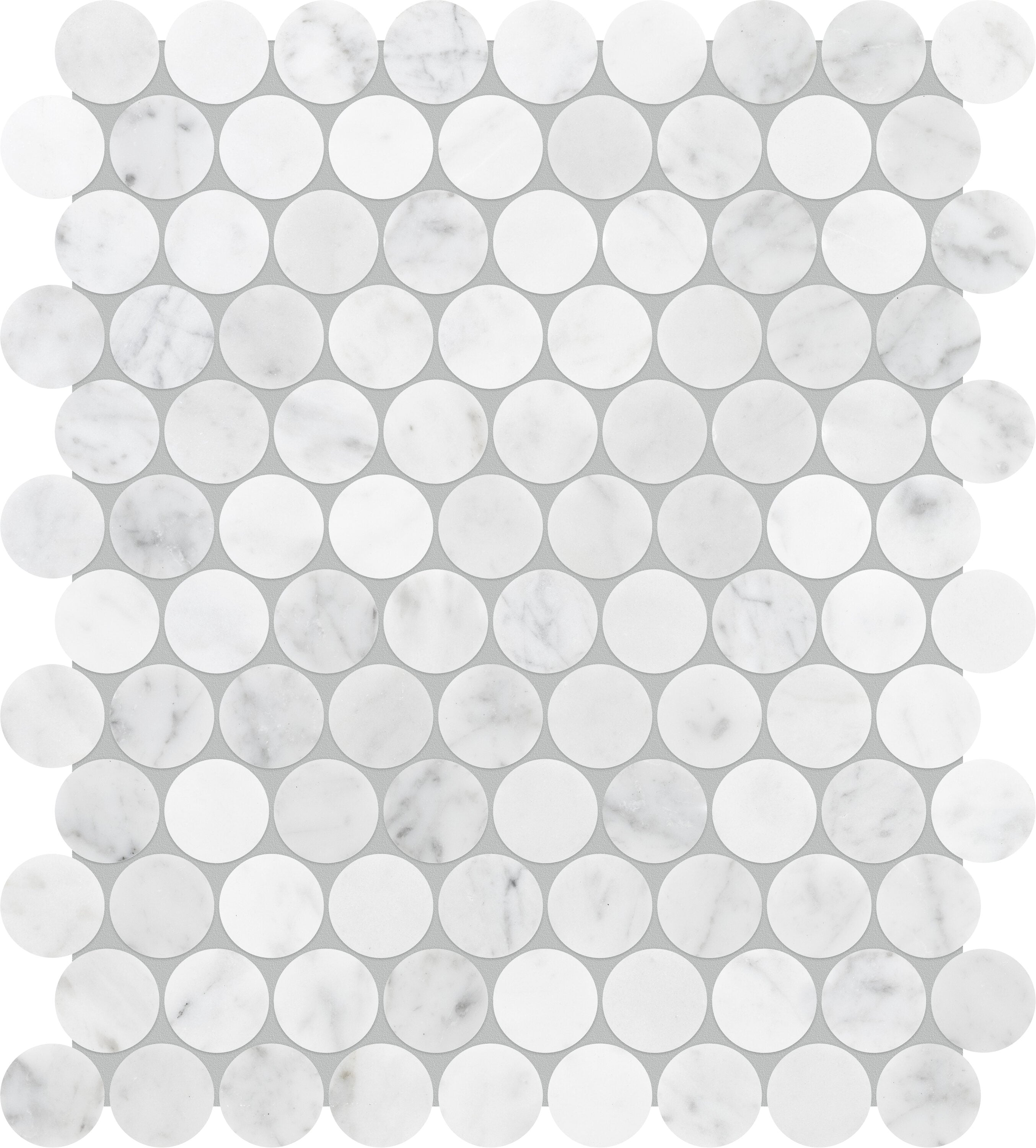 Satori Carrara Nuovo 11-in x 13-in Polished Natural stone Marble Marble look Penny round Mosaic Floor and Wall Tile ( 0.99-sq ft / Piece )