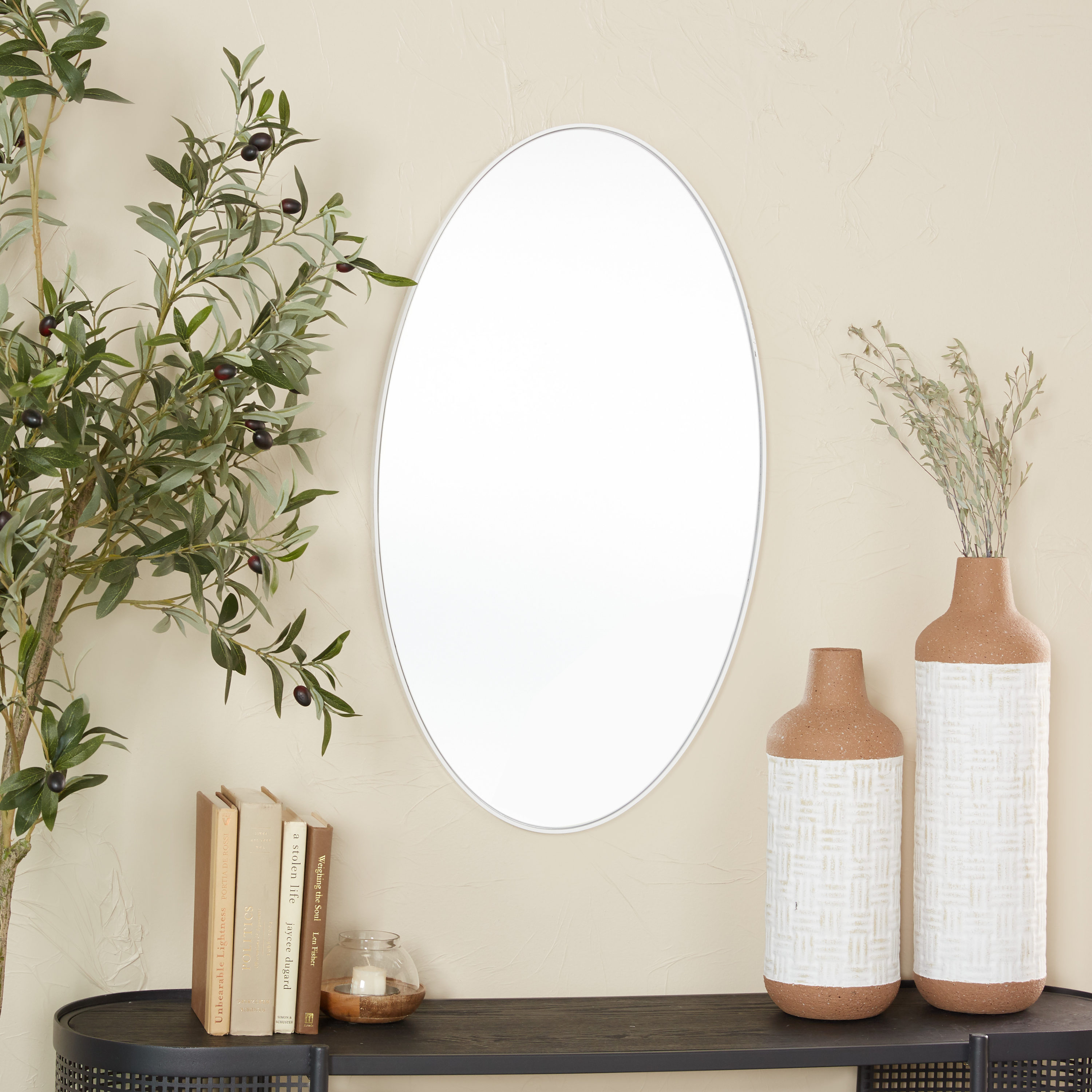 Grayson Lane 18-in W x 31.63-in H Oval White Oval with Thin Minimalistic  Framed Wall Mirror in the Mirrors department at