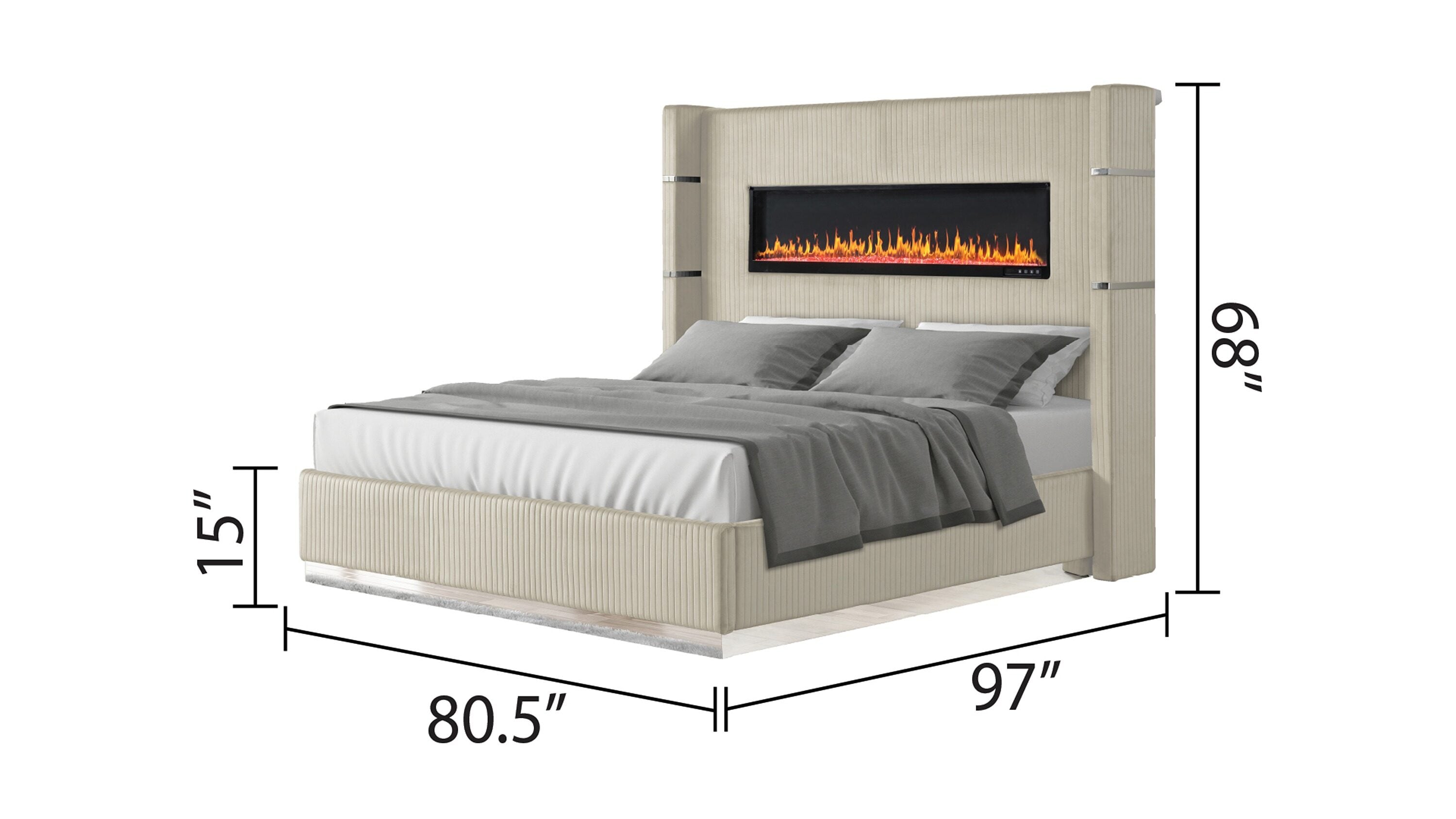 Elegant Beige Velvet King Bed with Ambient Fireplace Display