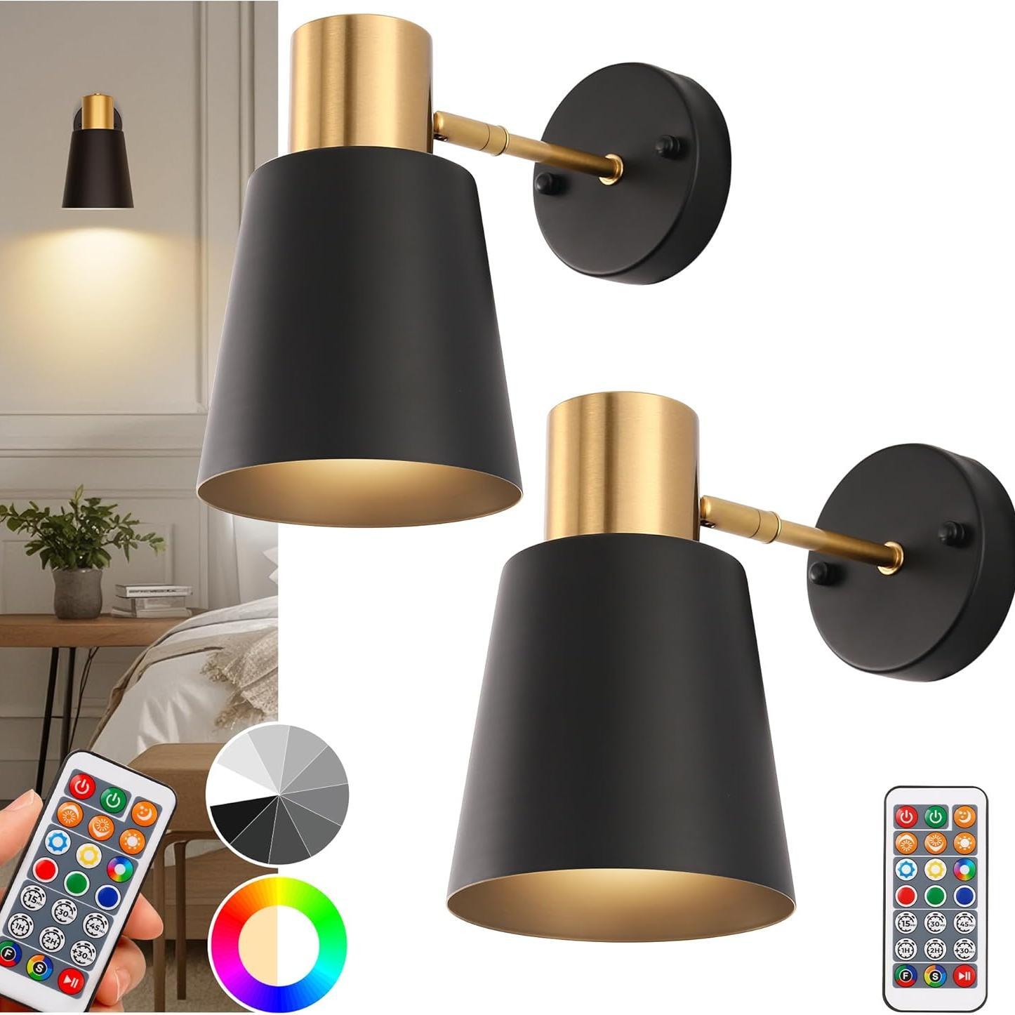 DORESshop LSC-LL-NB13301AGB-2 Battery Operated Wall Sconces Set of Two Dimmable Adjustable Black Gold Wall Lights Rechargeable Wall Sconce with Remote