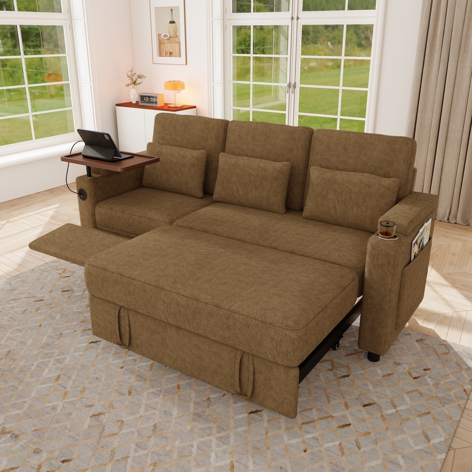 Horizons Prime 81 inch Khaki Chenille 3-in-1 Foldable Three-Person Sofa Bed with Adjustable Backrest and USB Ports