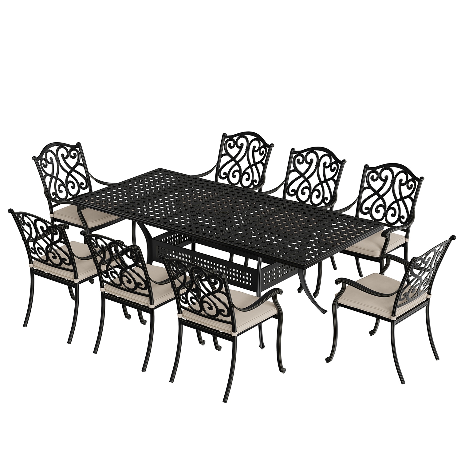 9-Piece Black Cast Aluminum Rectangular Outdoor Dining Set with Beige Cushions