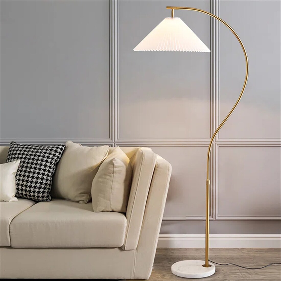 DEELIGHT With iron lamp pole, fabric drum lampshade and natural 