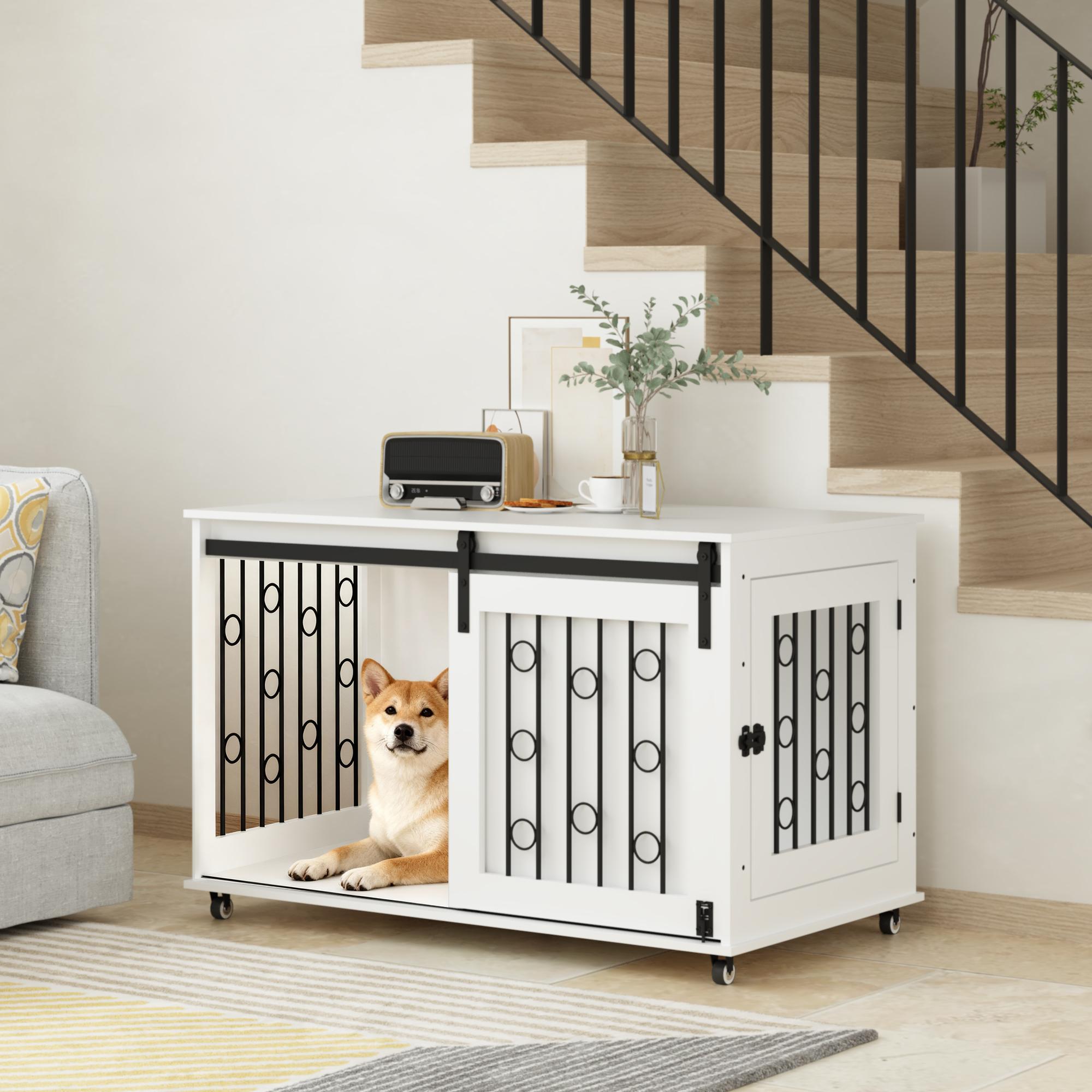 Misopily  39.37 inch Modern Wooden Dog Crate Furniture with Sliding Barn Door Side Door Metal Bars Lockable Wheels End Table for Small Medium Dogs White