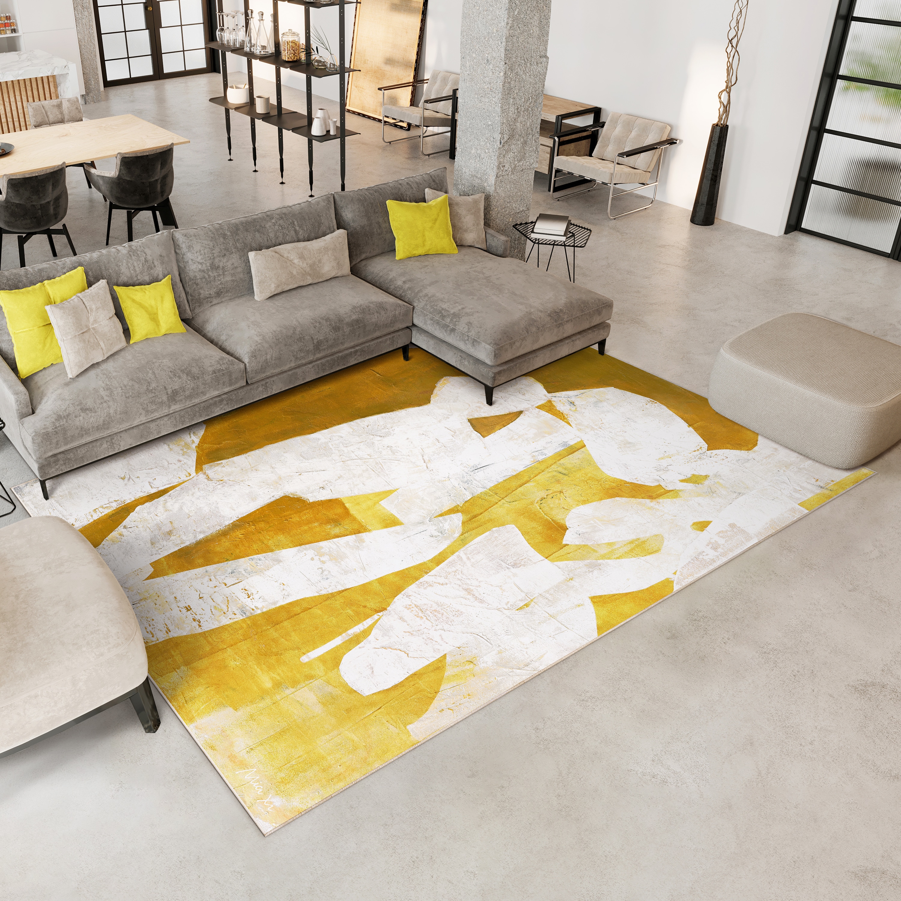 Large Black and Yellow Abstract Synthetic Area Rug